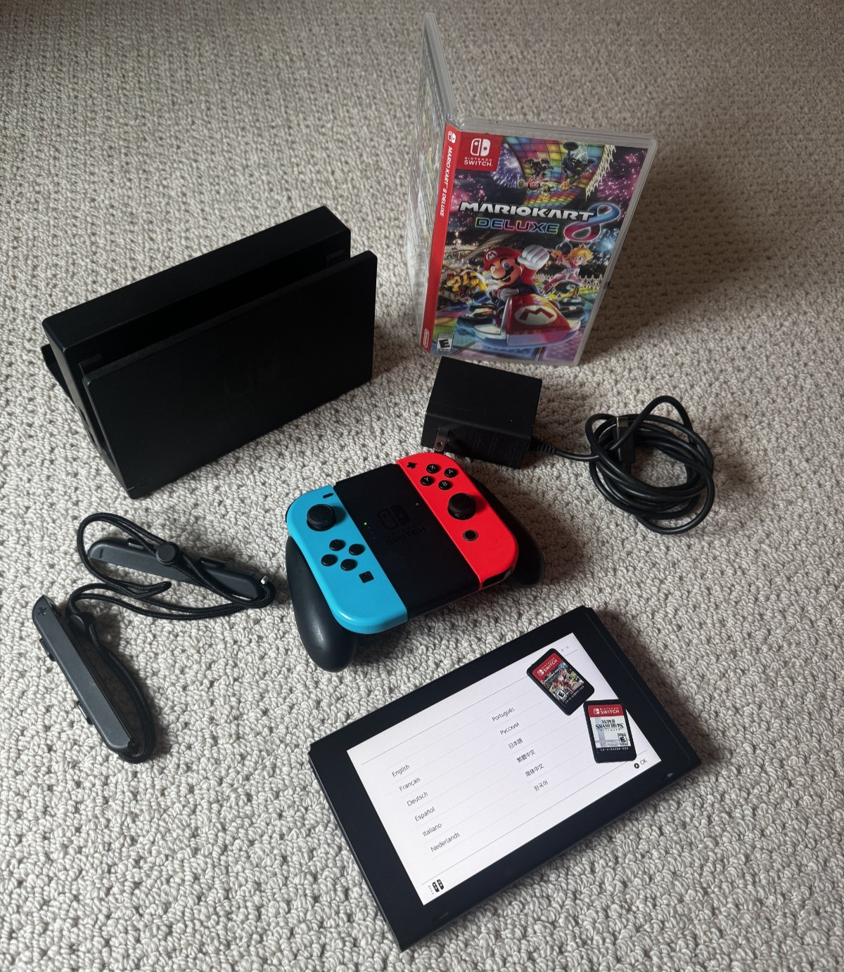 Nintendo Switch V1 Neon Blue/Red Console Bundle + Mario Kart 8 & Super Smash Bro