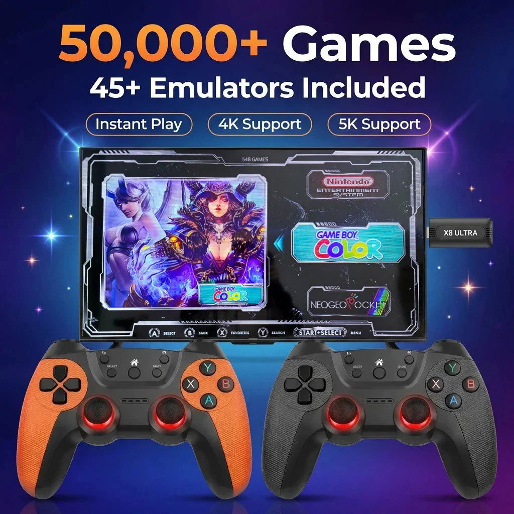 The X8 ULTRA retro video game console comes pre-installed with 50,000 games and