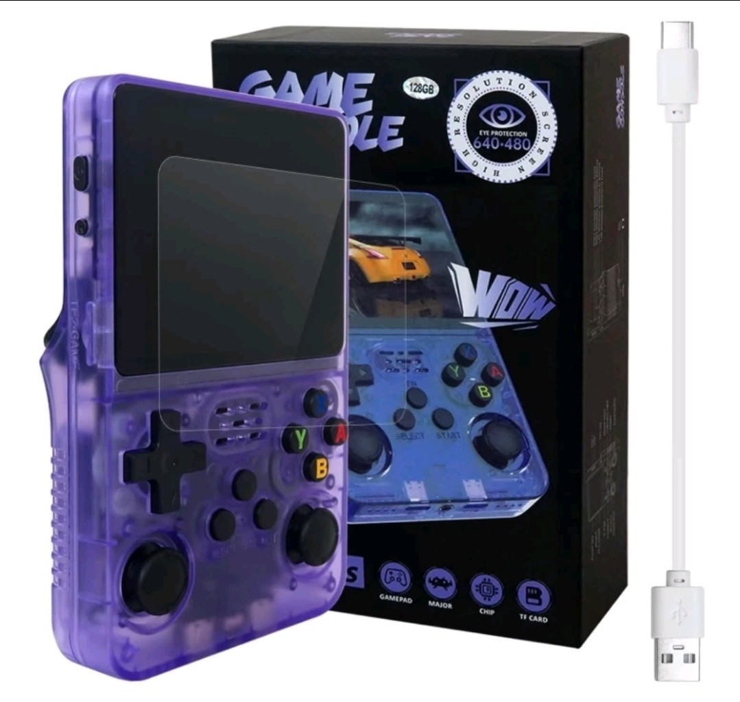 R36S Handheld Game Console 3.5 Inch Color Screen Retro Purple Dual 21K+ Games