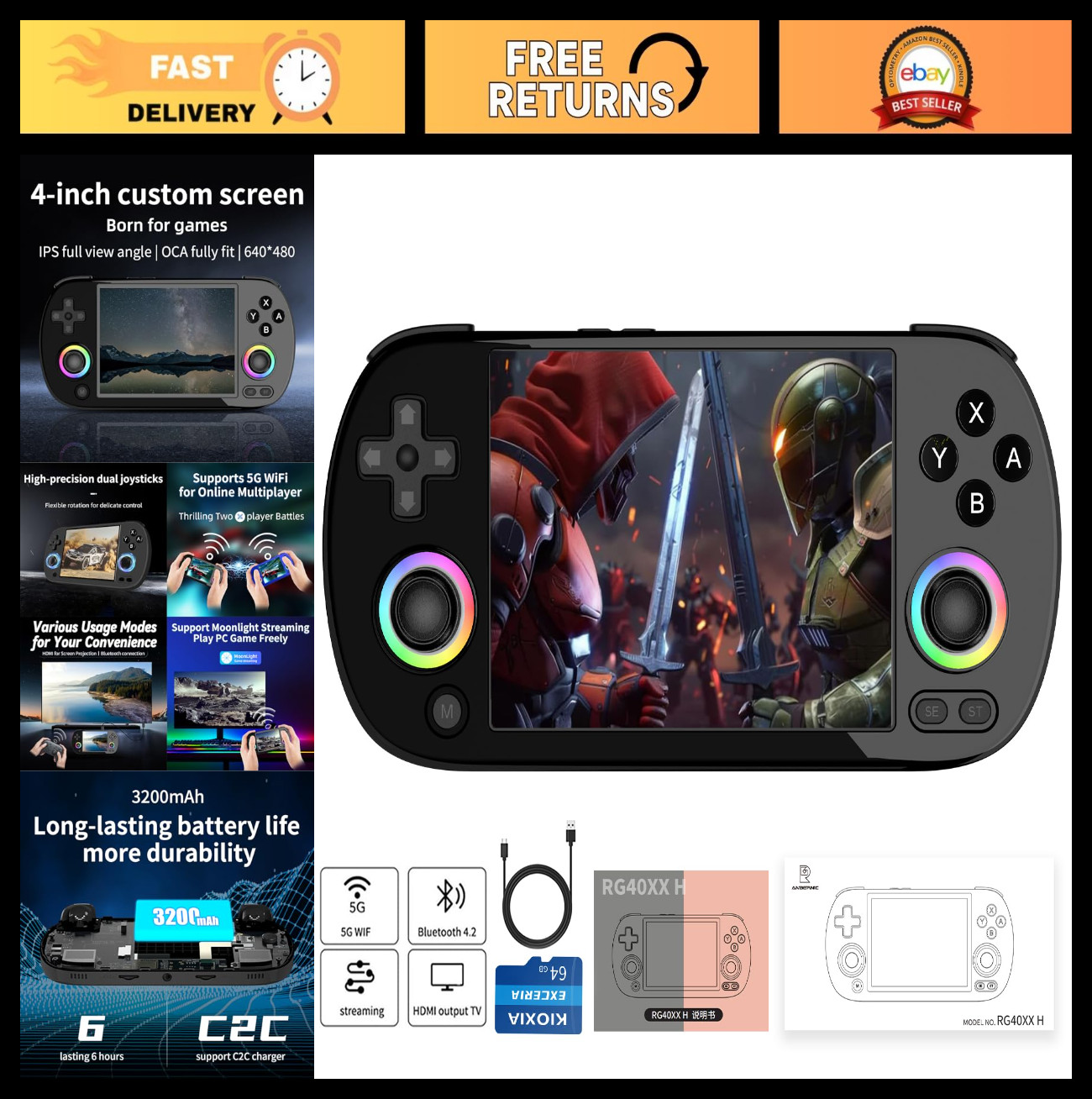 Retro Handheld Game Console 5000+ Preloaded Games 64GB TF Card, WiFi, Bluetooth,
