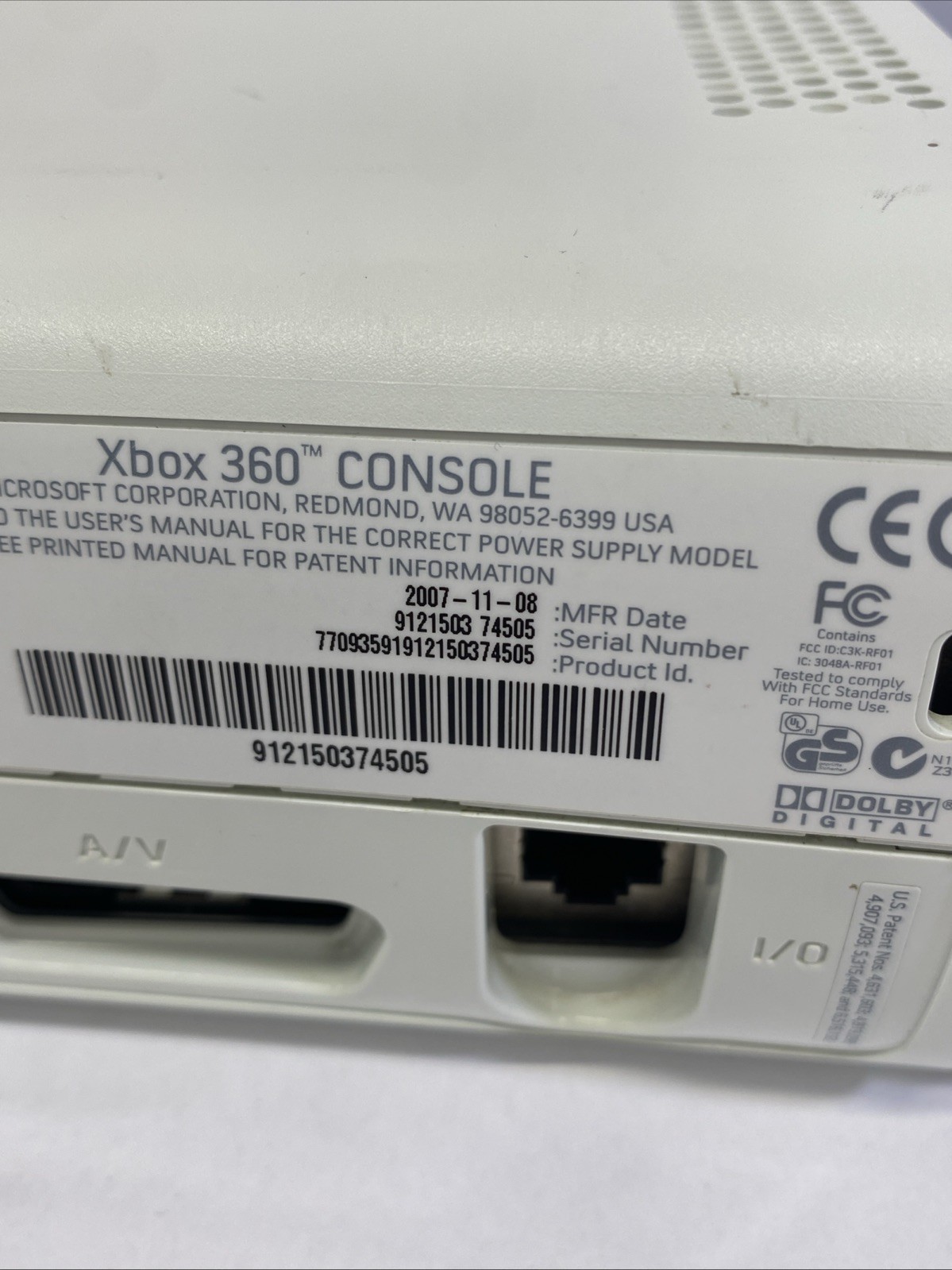 2007 Xbox 360 Console 912150374505 NOT WORKING PARTS ONLY