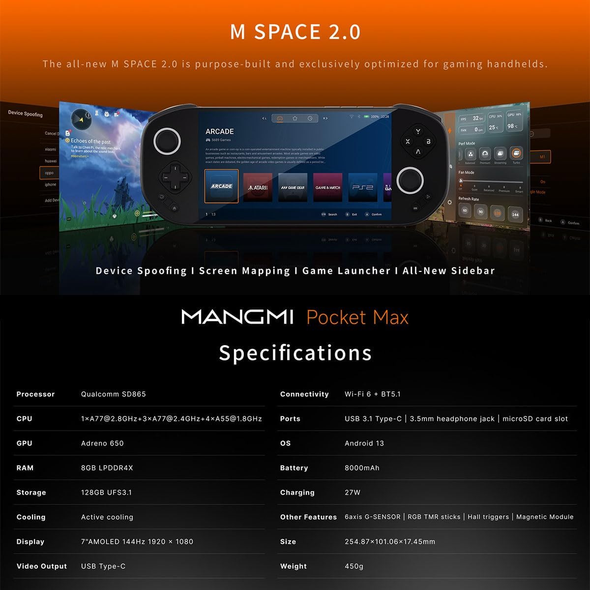 Mangmi Pocket Max Game Console,7 Inch OLED Android 13 System 8000Mah Battery Vid