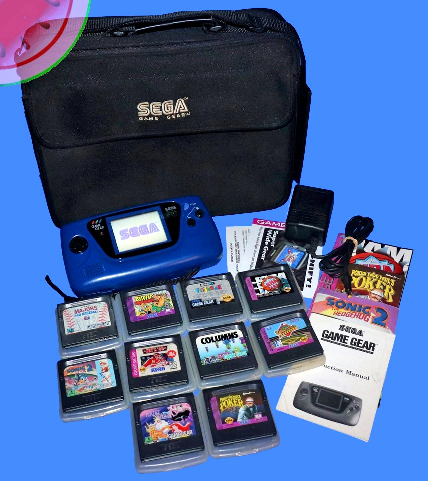 WORKING Blue Sega GAME GEAR System Recapped, Glass Lens, Carrying Case, 10 Games