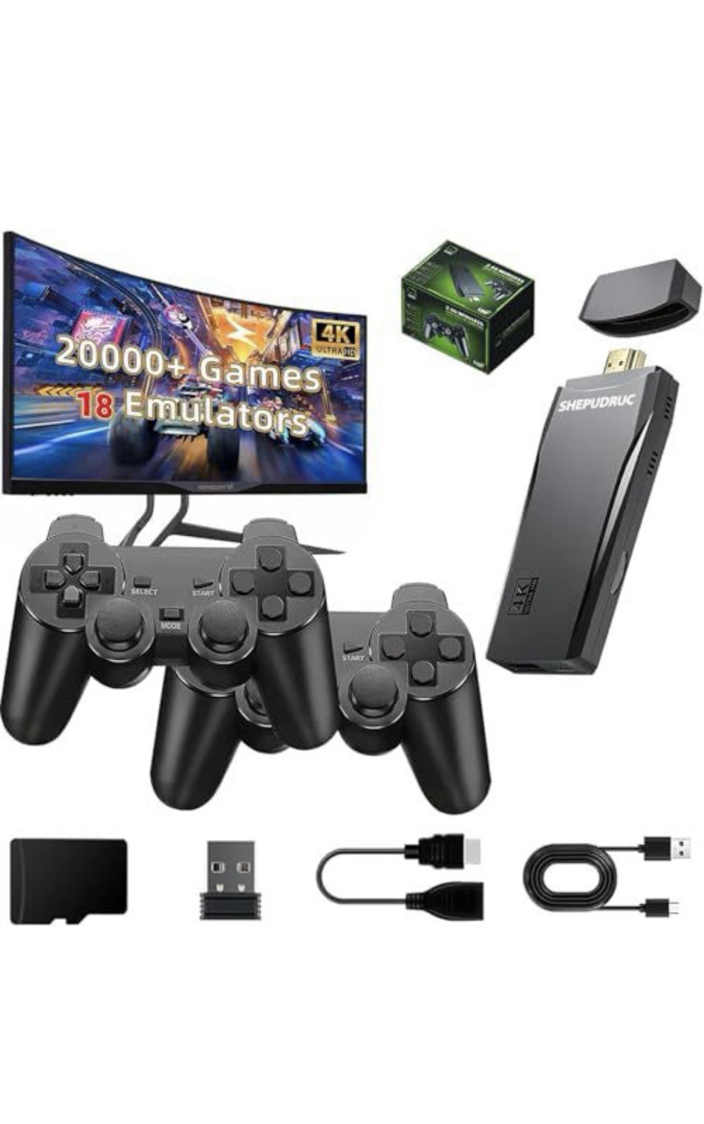 SHEPUDRUC 4K Game Stick, 20,000+ Games, 18 Emulators, HDMI, 2 Controllers