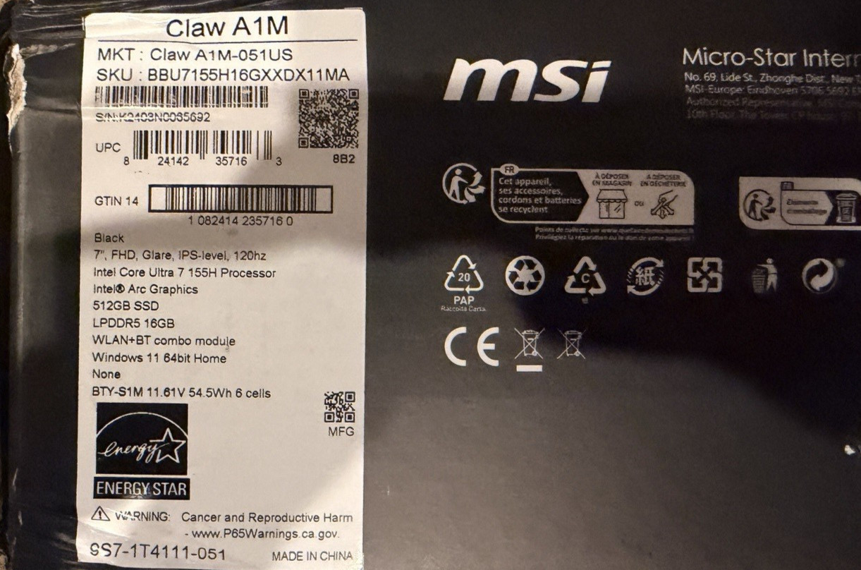 MSI Claw A1M Intel Ultra 7 16gb ram 512GB, OEM accessories, grip, carry case