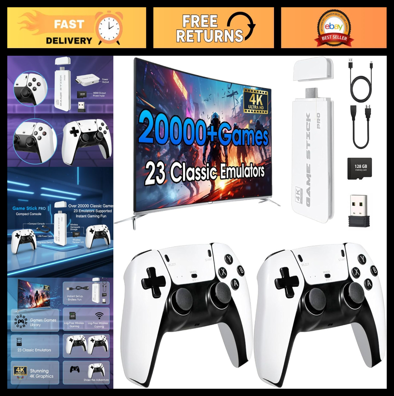 Retro Wireless Gaming Console 128GB Storage, 23 Emulators, 20,000+ Games, Dual C