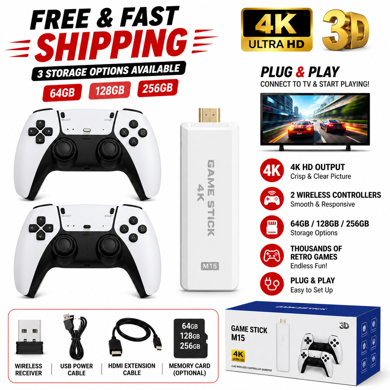 M15 4K HD Retro Game Stick Console 64GB 128GB 256GB 2 Wireless Controllers