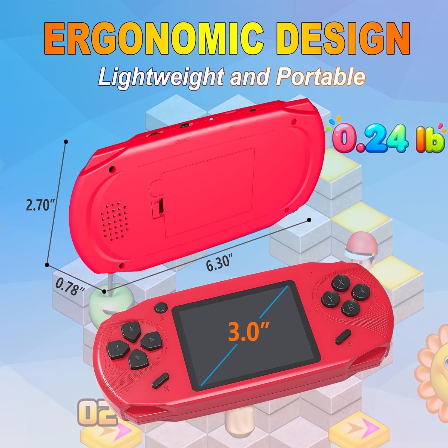 Ergonomic Handheld Gaming Console for Kids – 220 Retro Games, USB-C Rechargeable
