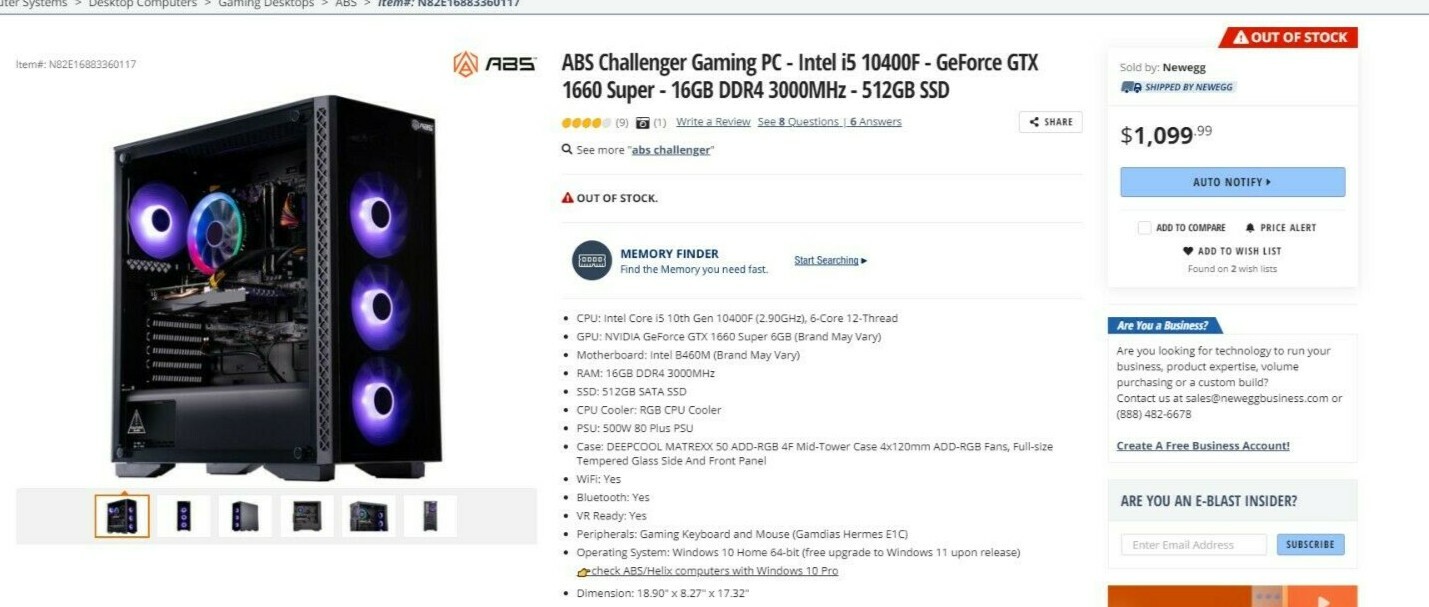  ABS Challenger Gaming PC – Intel i5 10400F – GeForce GTX 1660 Super