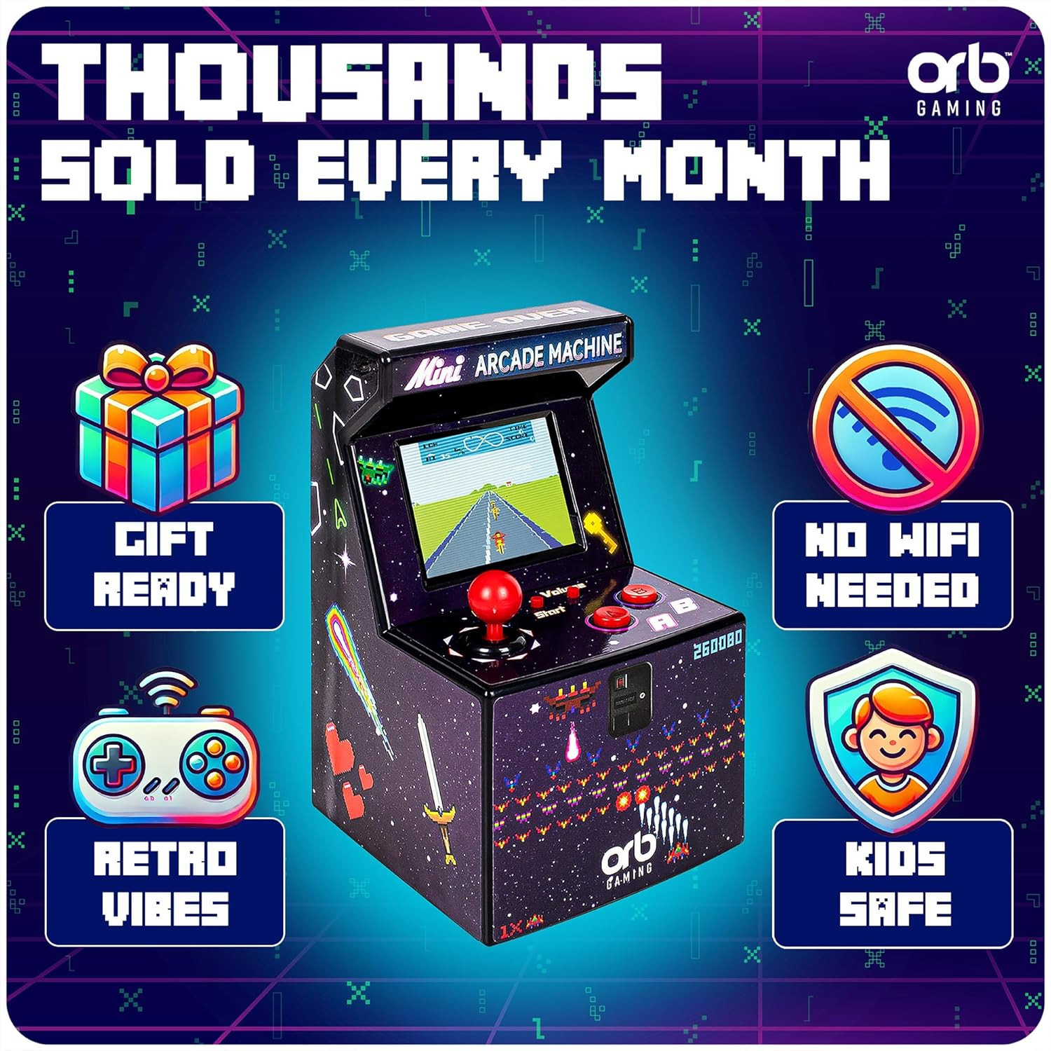 Mini Arcade Machine, 240 Built-In 8-Bit Games, 2.5” Full Colour Screen, 8-Way Jo