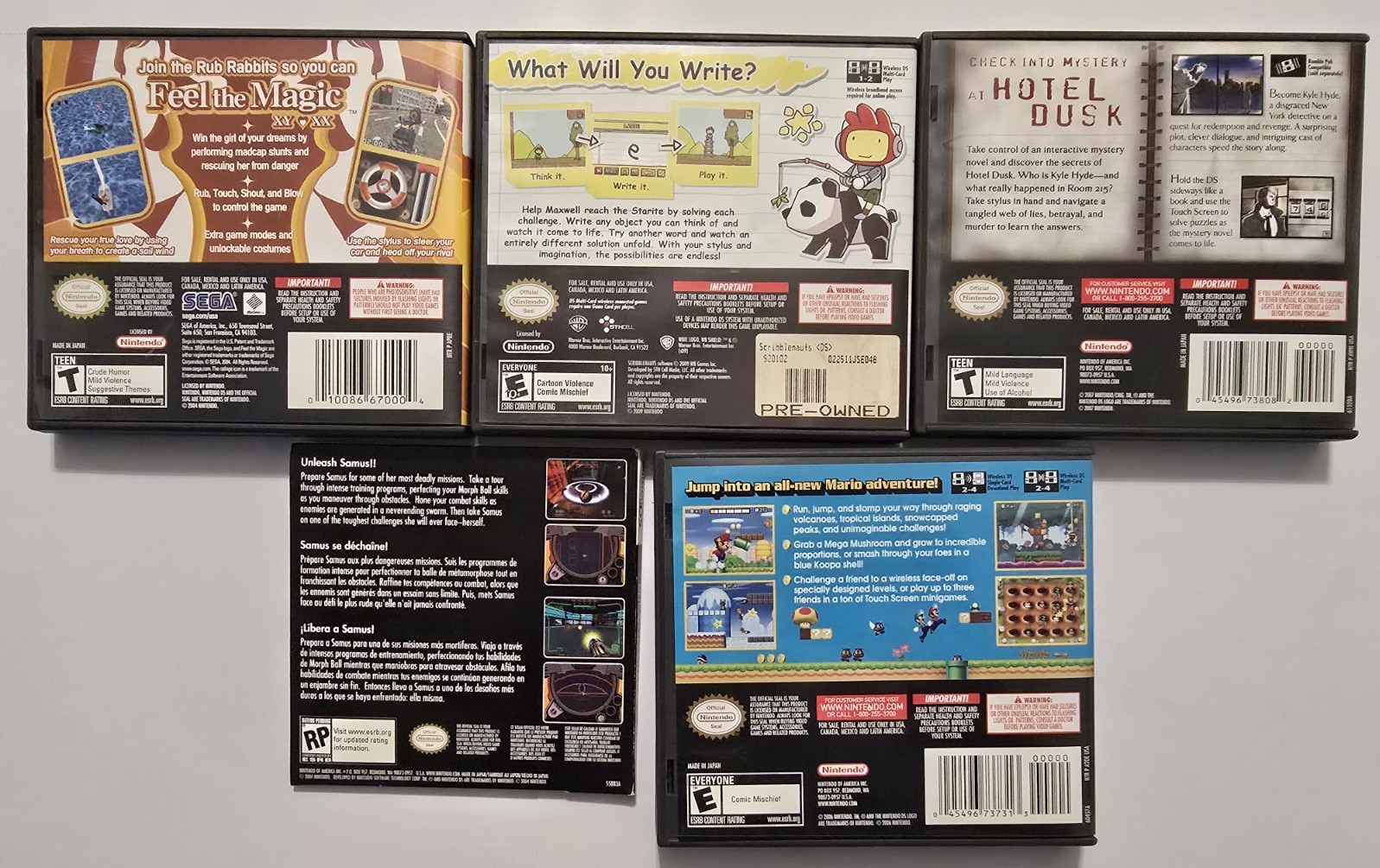 ​Nintendo DS Original Silver Console and 5 Game Bundle-Games CIB-NO Charger
