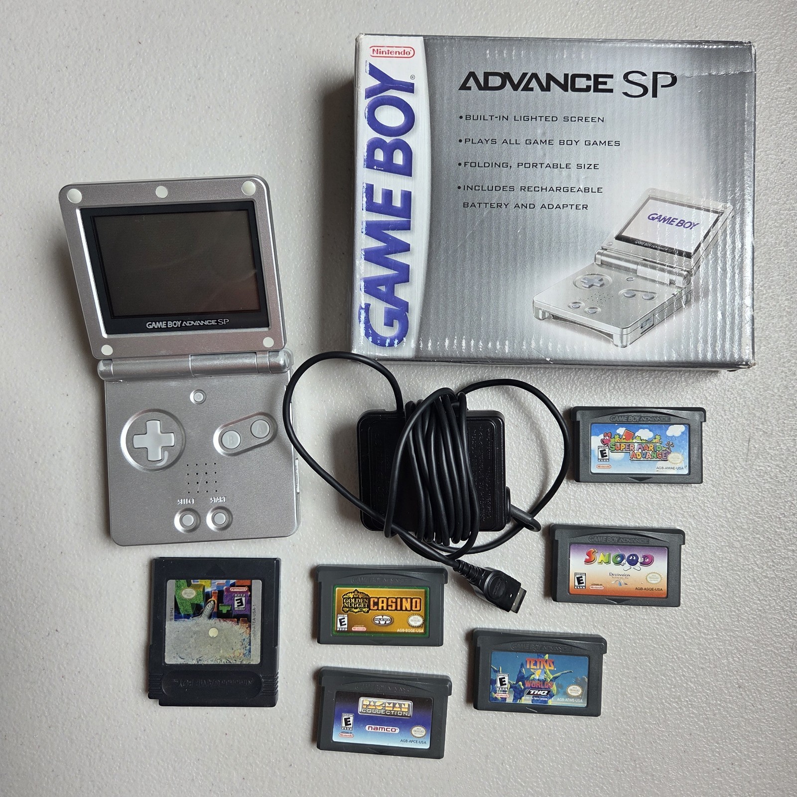 Nintendo Game Boy Advance SP Super Mario Tetris Snood Pacman ++ Silver AGS-001
