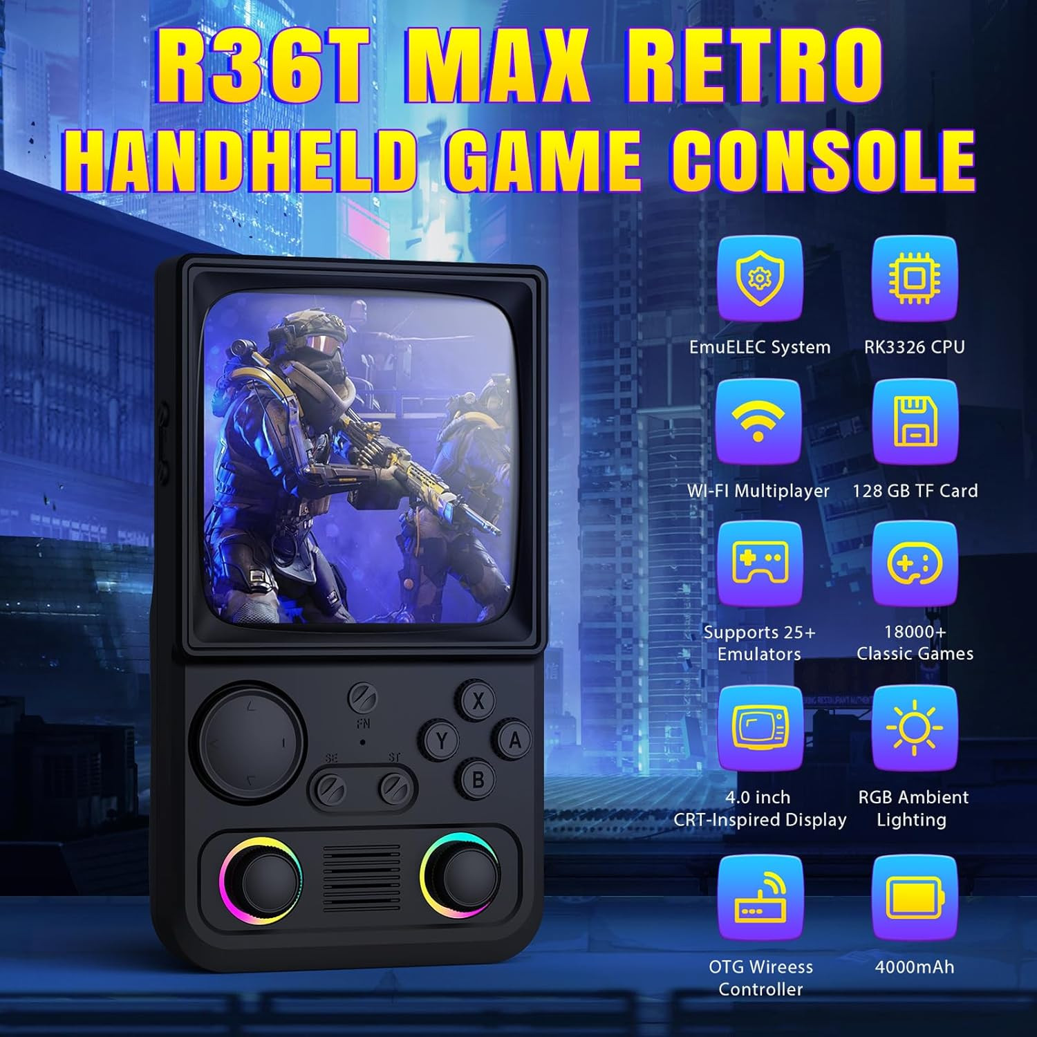 R36TMAX Upgraded Retro Handheld Game Console with 4000Mah Battery, 4.0» IPS Scr