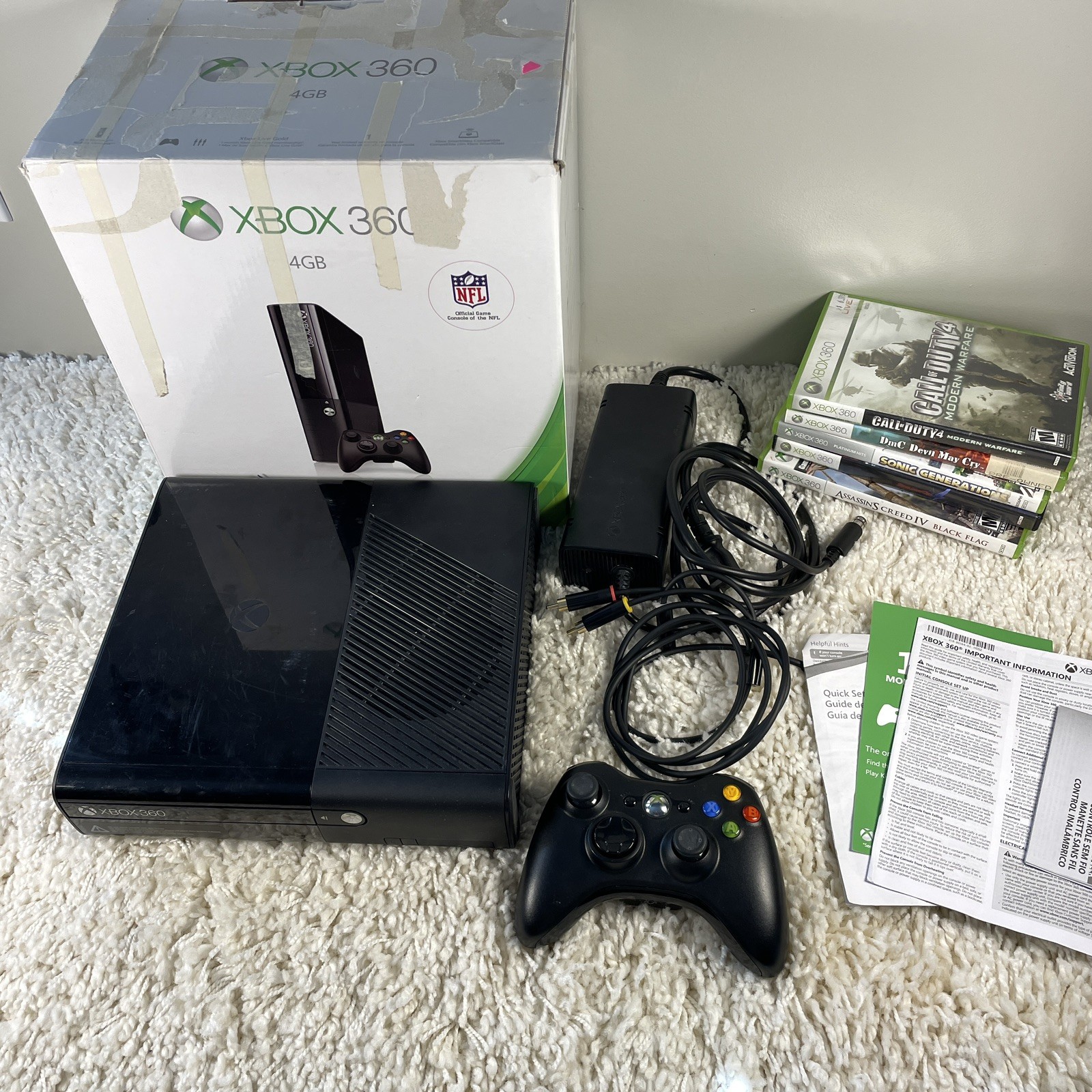 Microsoft Xbox 360 E 4GB Black Console 5 Games Complete in Box CIB Tested