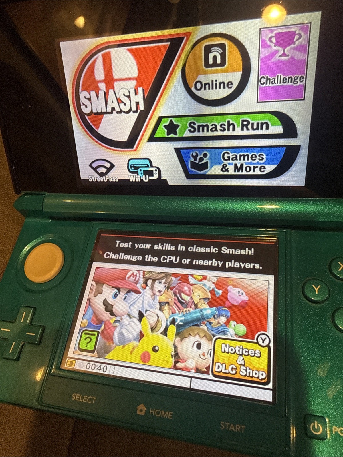 Nintendo 3DS Original Aqua Blue Teal System & Super Smash Brothers Game Charger