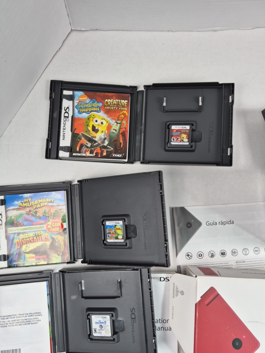 Nintendo DSI Matte Red Handheld System Box Charger Games Tested With Issues