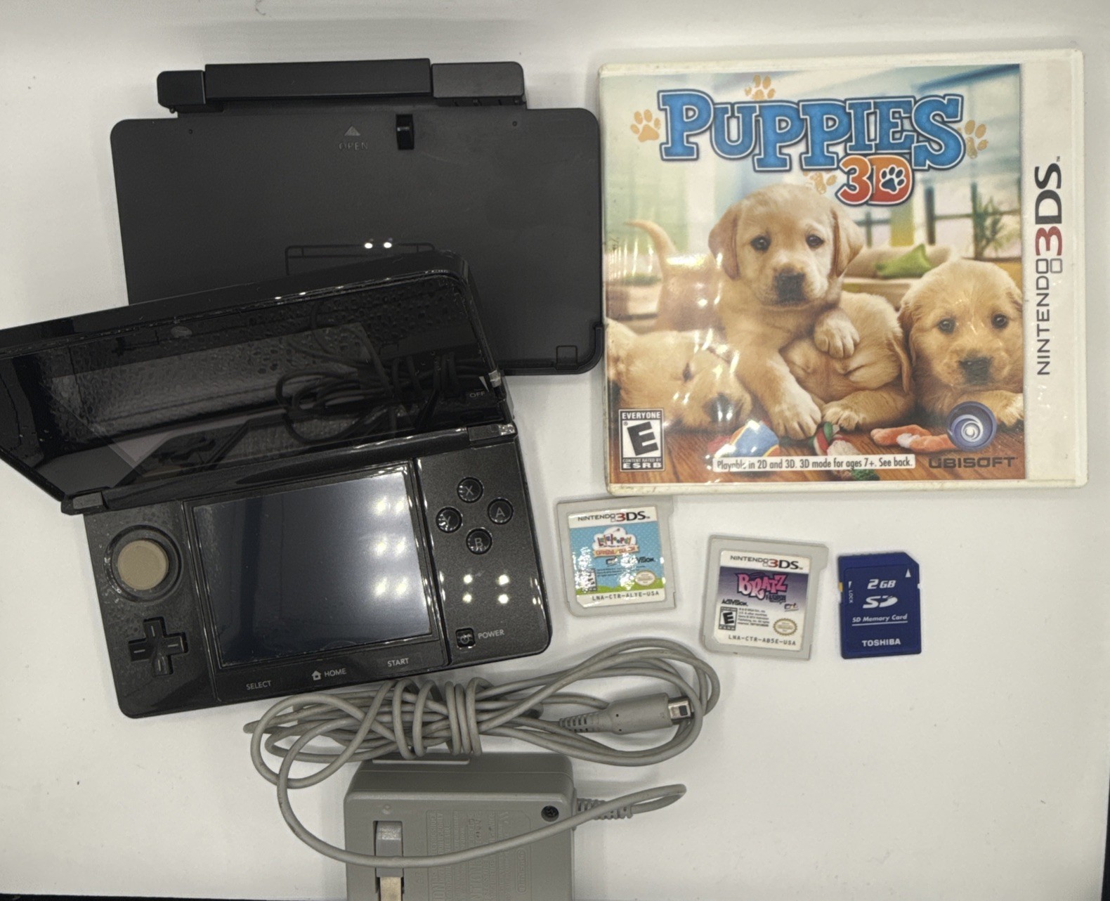 Nintendo 3DS Console Bundle Black Gray: Charger, Dock, SD Card, 3 Games