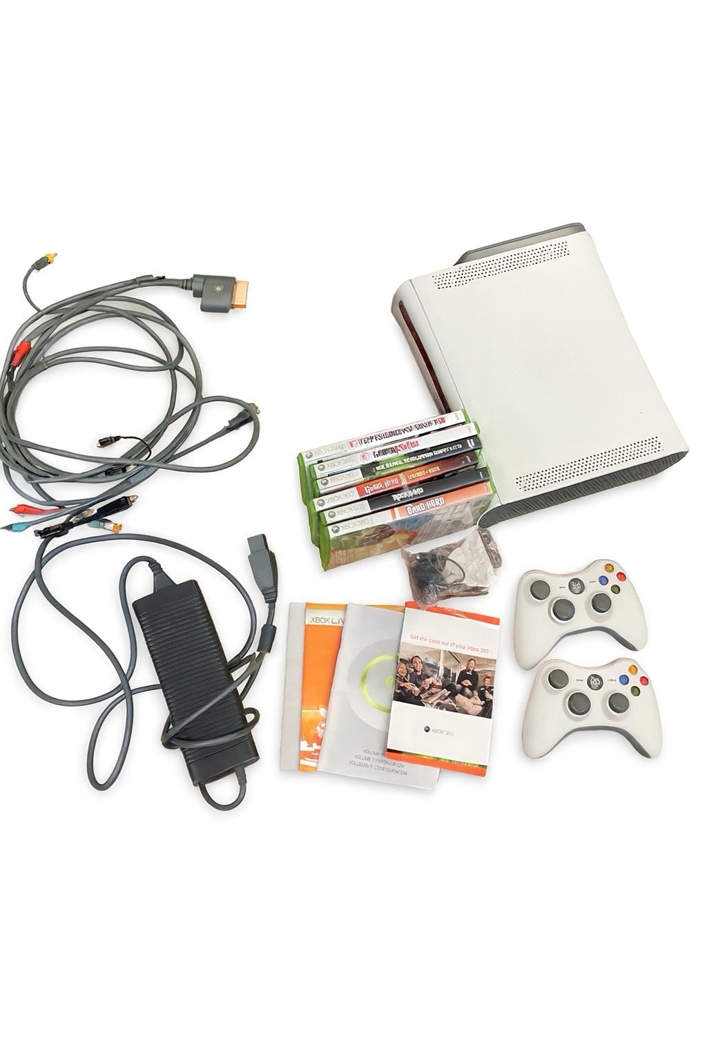Xbox 360 Arcade 256MB Bundle w/ 2 Controllers 6 Games/ Cables -Tested