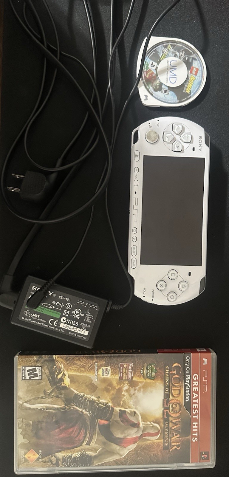 Sony PSP-3000 White Wi-Fi Handheld Console w/ Charger + God of War & LEGO Batman