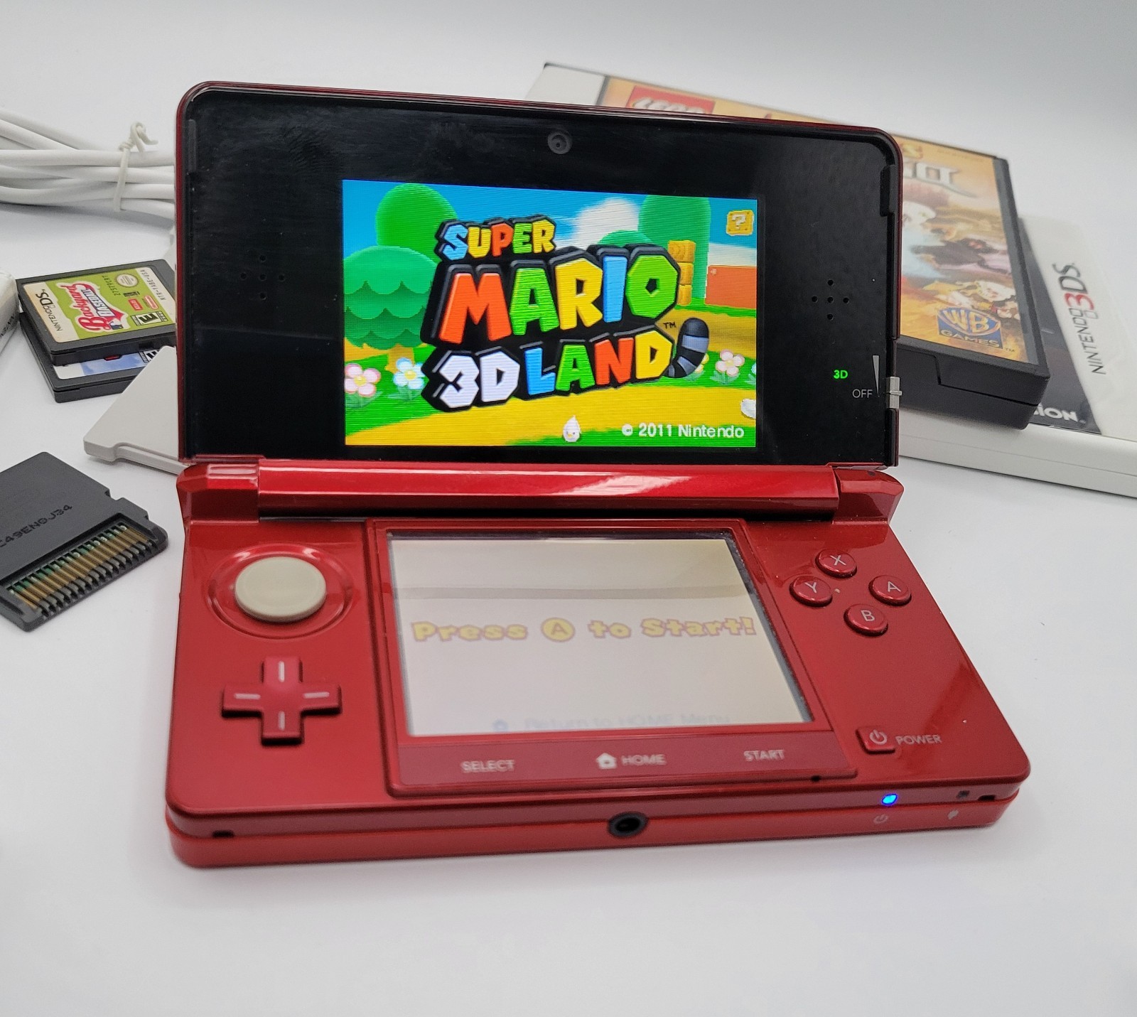 Nintendo 3DS Red Bundle with (10) Games Charger Tested Mario Pokemon Yoshi