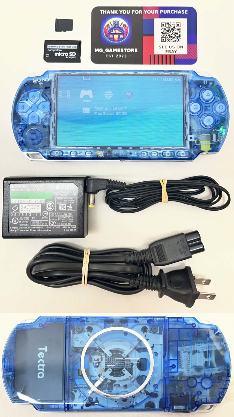 PSP 3000 Clear Blue / IPS Screen / Battery / Sony Charger / Region Free / 32GB