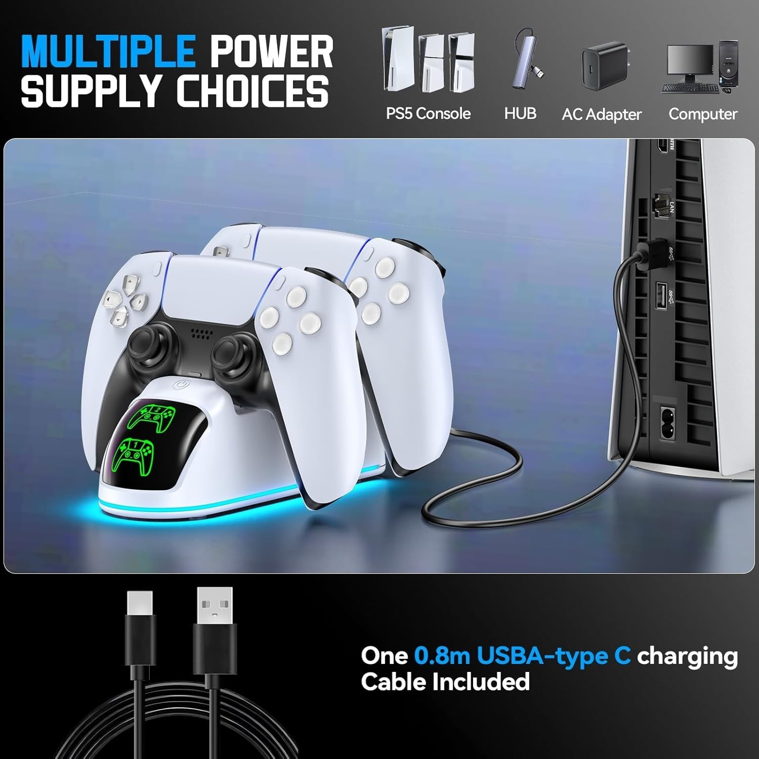 Gaming PS5 Controller Charger Dual Charging Station Dual USB Fast Charging