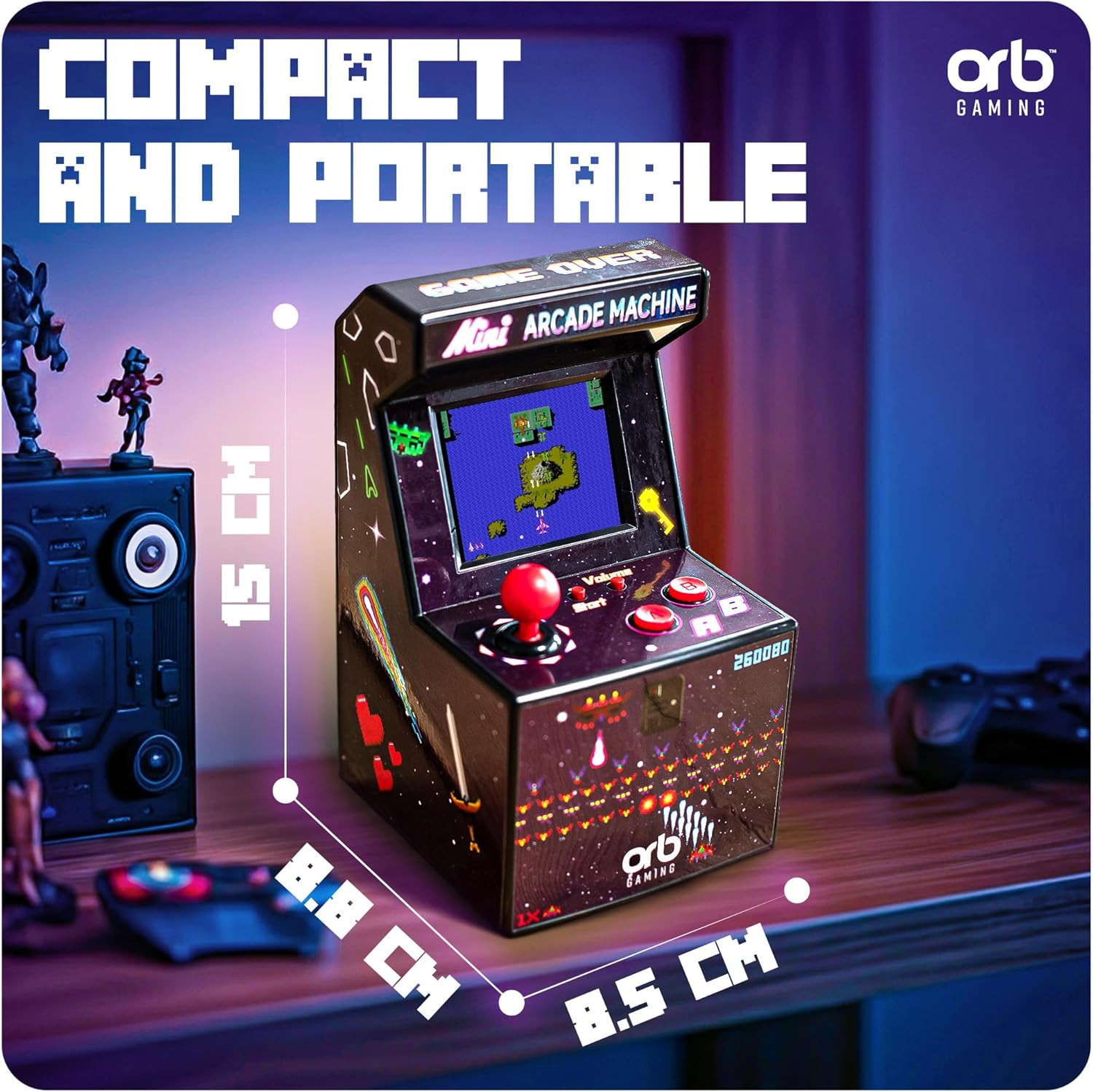 Mini Arcade Machine, 240 Built-In 8-Bit Games, 2.5” Full Colour Screen, 8-Way Jo
