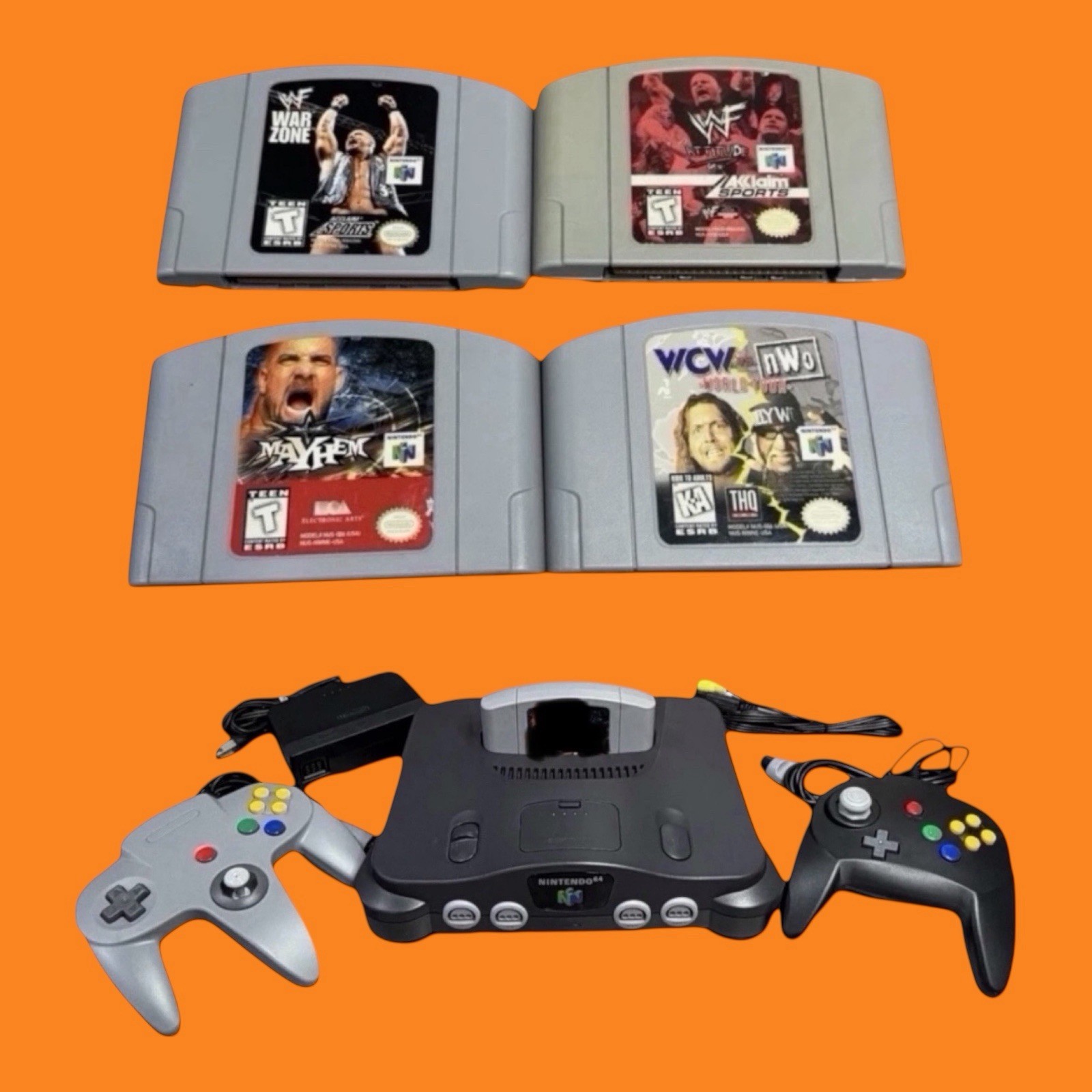 WWE WWF WCW WRESTLING BUNDLE Nintendo 64 N64 Console 2 Cons Cords N Memory Lot