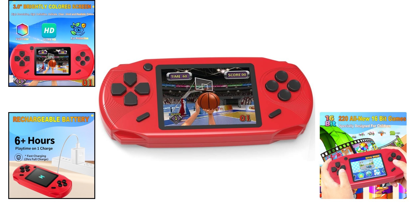 Ergonomic Handheld Gaming Console for Kids – 220 Retro Games, USB-C Rechargeable