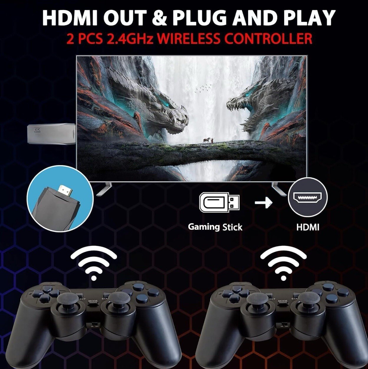 Wireless HDMI 4K TV Game Stick Console Built in 64GB 20000 Retro Games Gift
