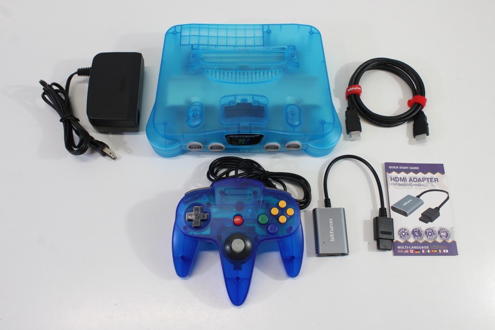 Nintendo 64 Clear Transparent Ice Blue Console Controller AC S-Video to HDMI N64