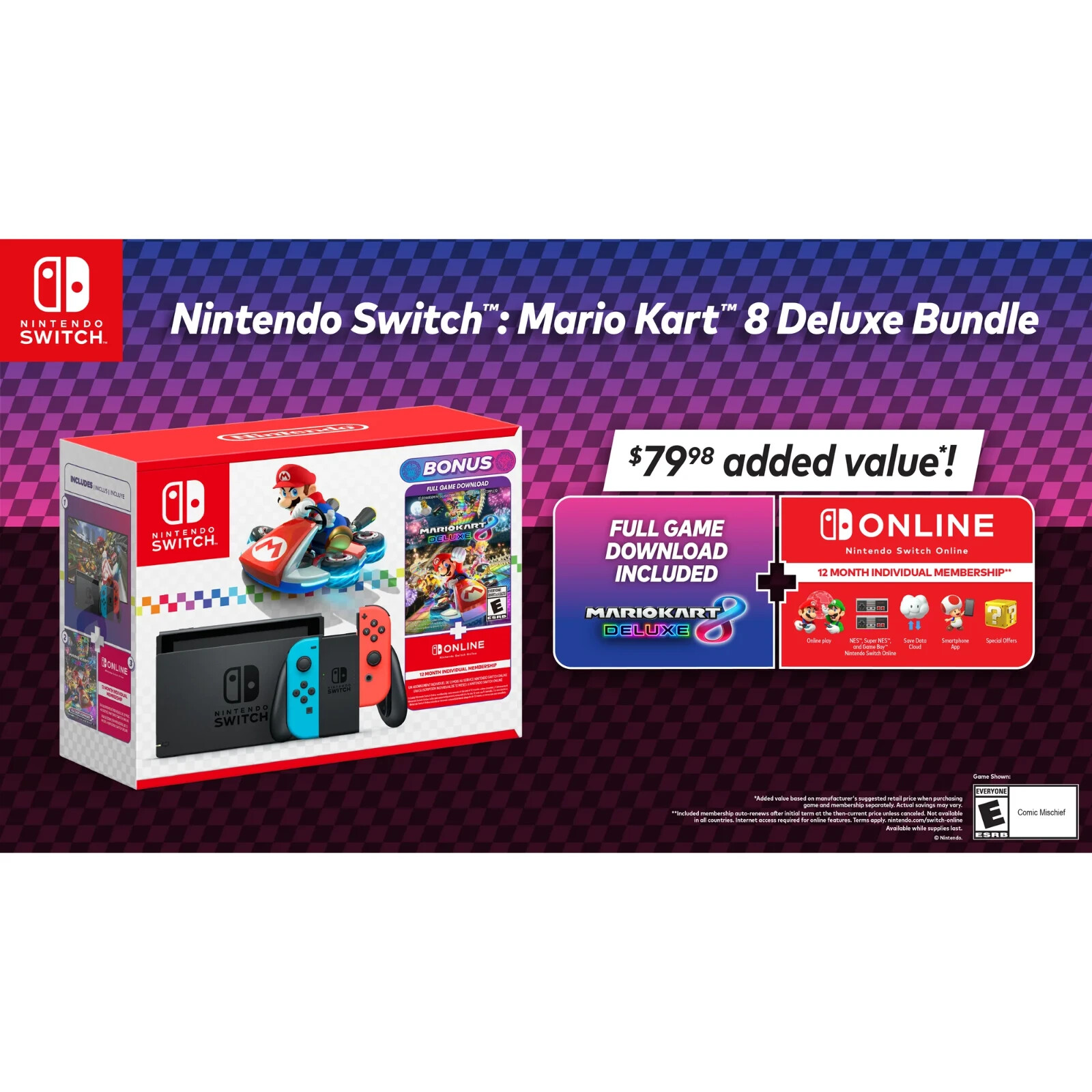 Nintendo Switch Mario Kart 8 Deluxe Bundle Neon Blue & Neon Red Joy-Con Game Dow