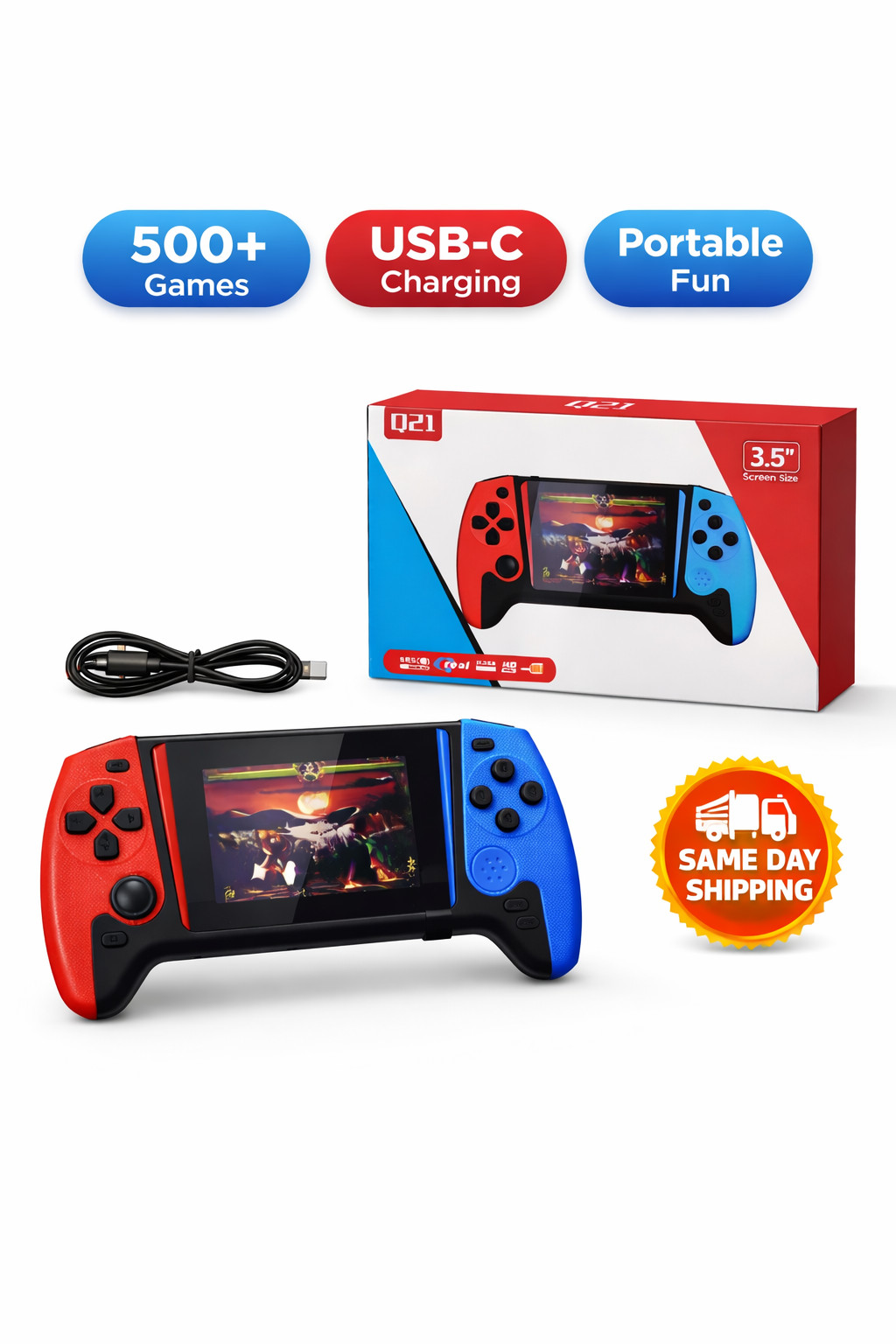 Q21 3.5” Handheld Retro Game Console Portable Gaming System Built-In Games USB