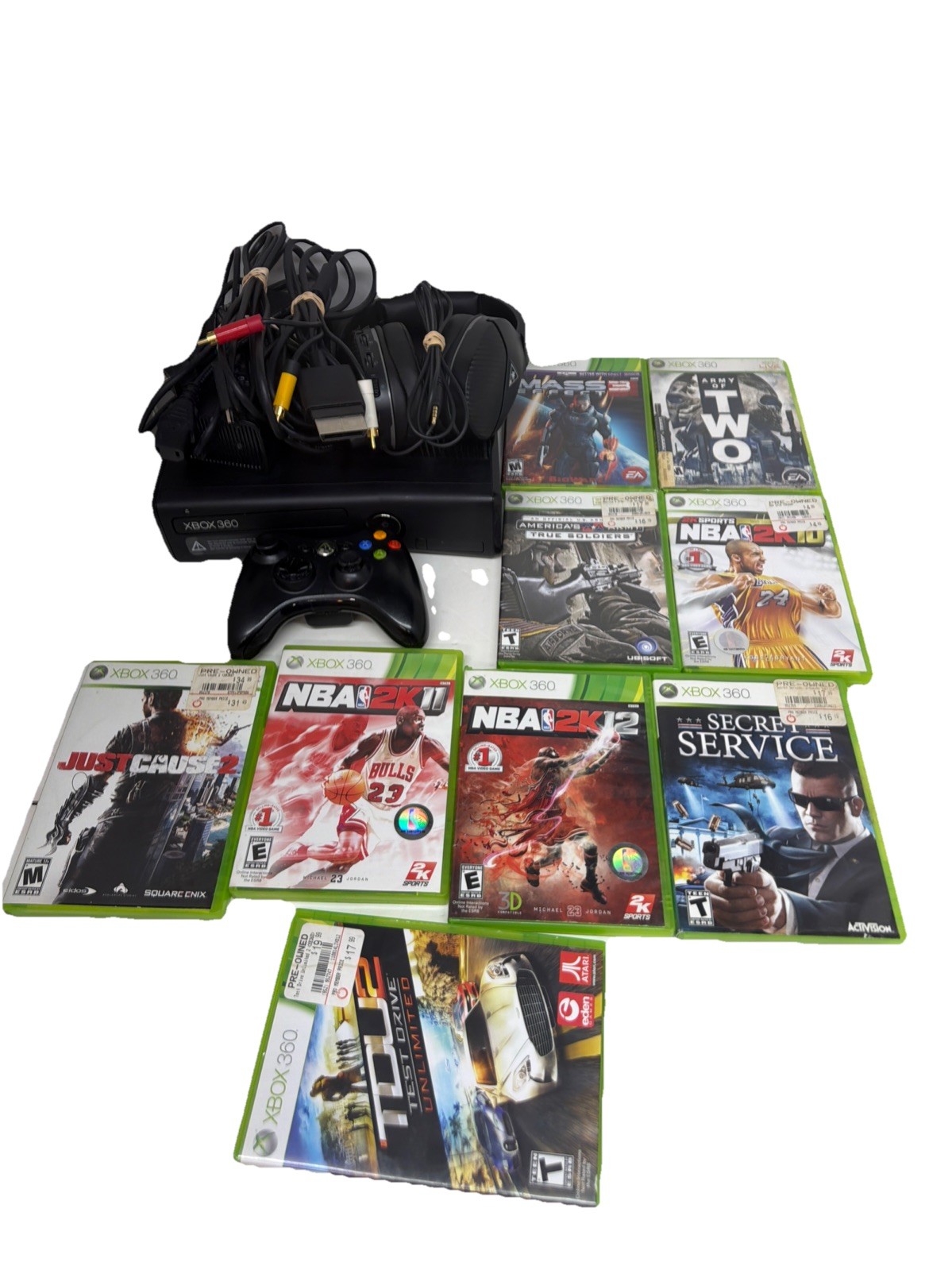 Microsoft Xbox 360 S Console Bundle Lot 1 Controller, 9 Games Headset,cords