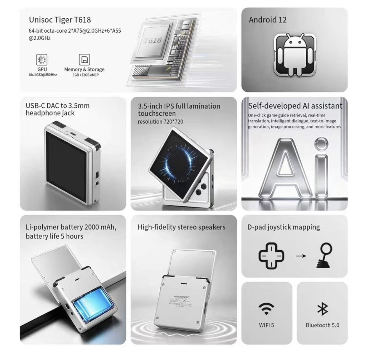 ANBERNIC RG Rotate Silver T618 Handheld Game Console 3.5-inch Android12 2000 mAh