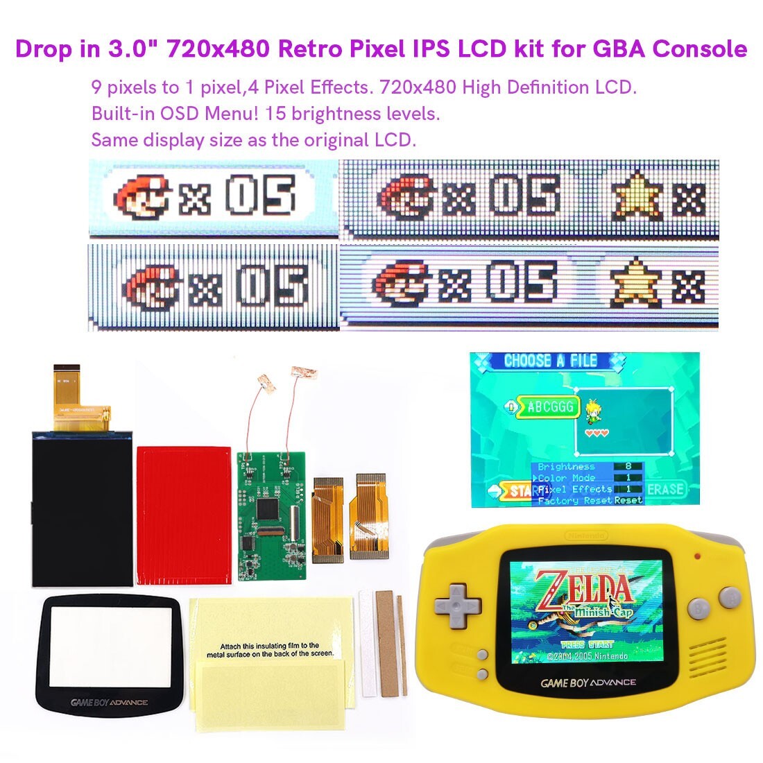 New 3.0″ Easy Drop In V5 720×480 Retro Pixel Highbacklit IPS LCD Screen For GBA
