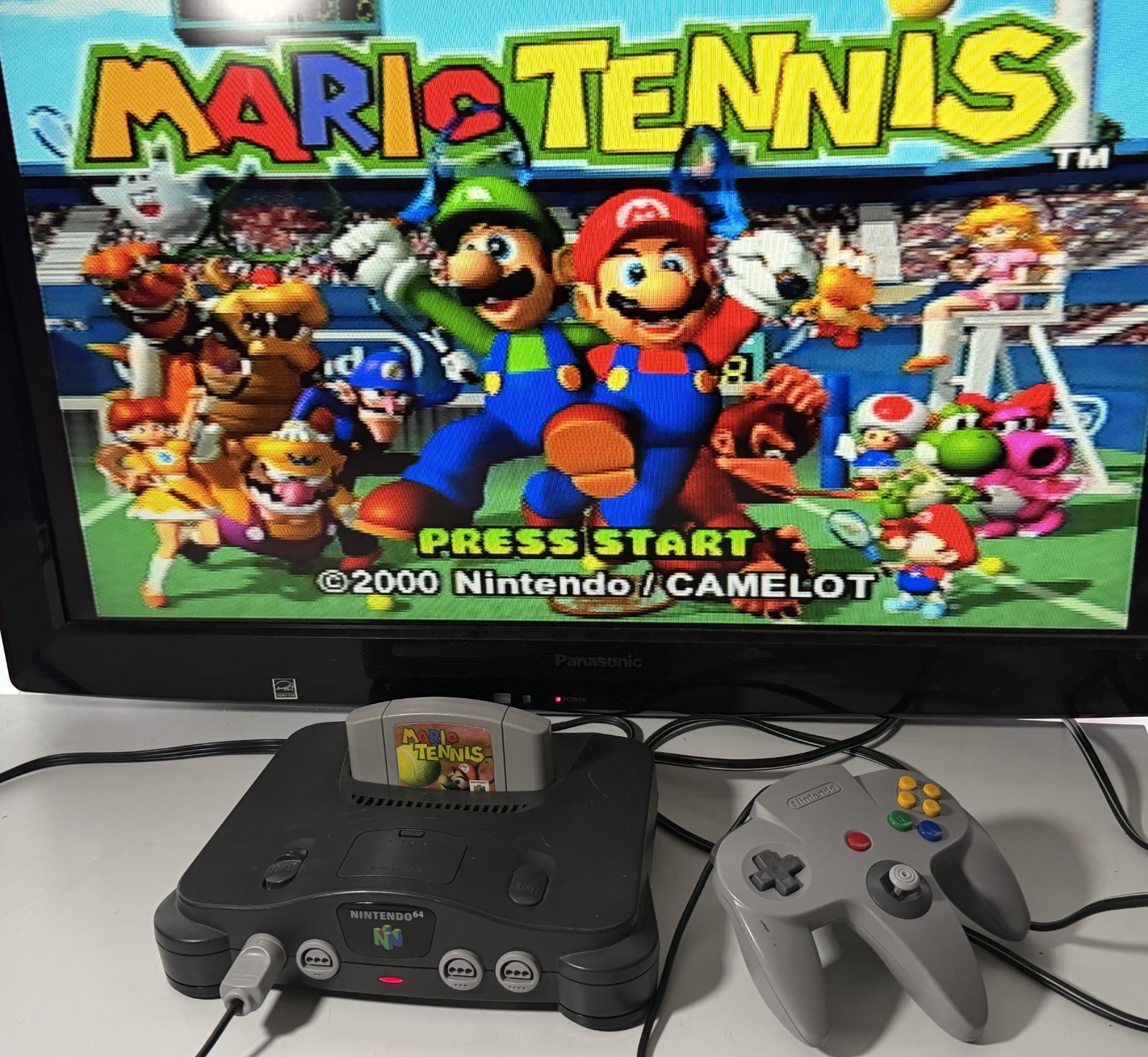 Nintendo 64 N64 Console System Bundle W/ Controller, Cables, Mario Tennis-WORKS!