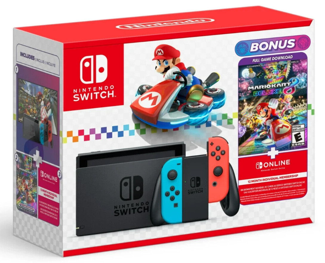 Nintendo Switch Mario Kart 8 Deluxe Bundle Neon Blue & Neon Red Joy-Con Game Dow