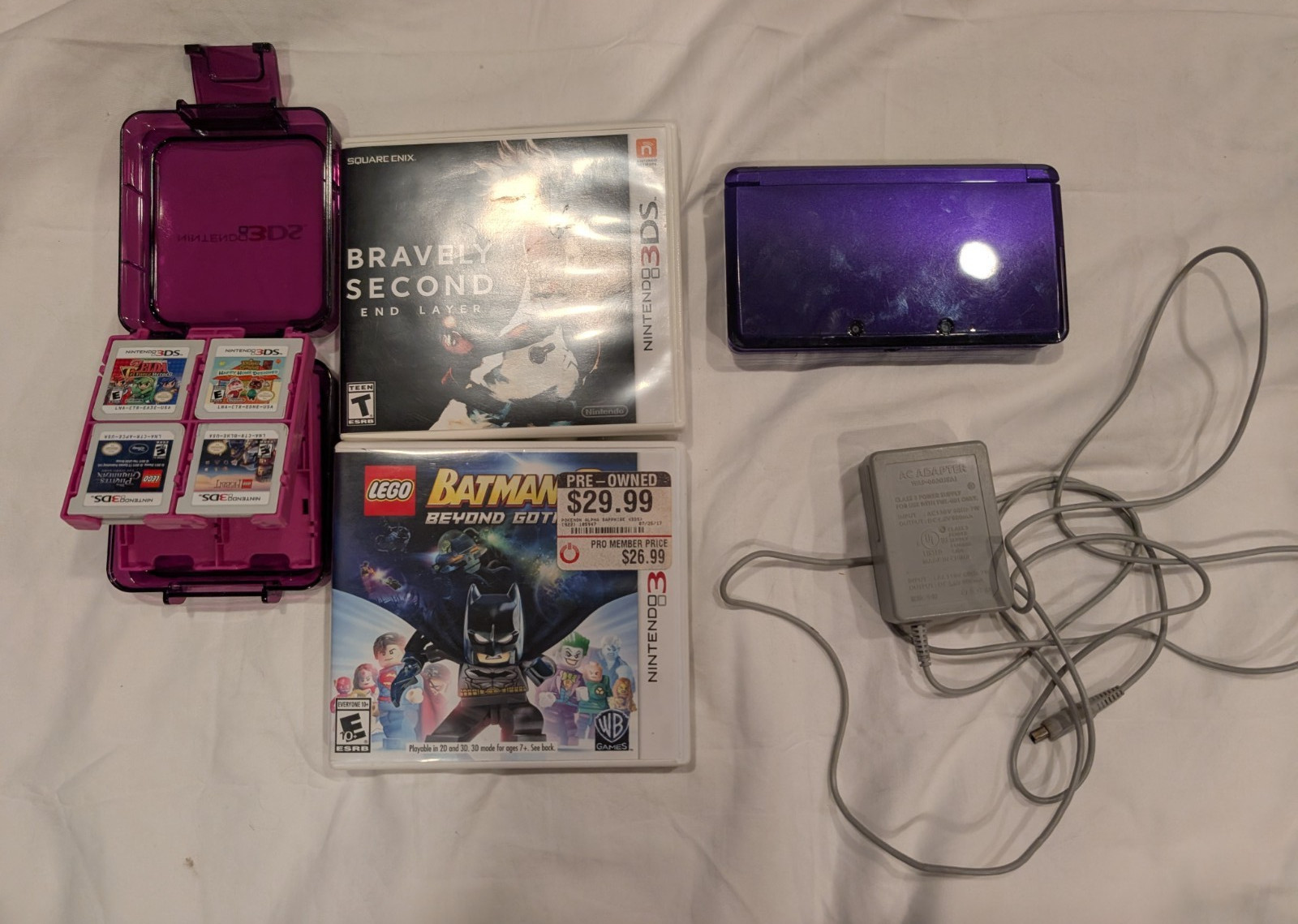 Nintendo 3DS Purple CTR-001 Handheld with 7 Games Charger Case WATCH VIDEO