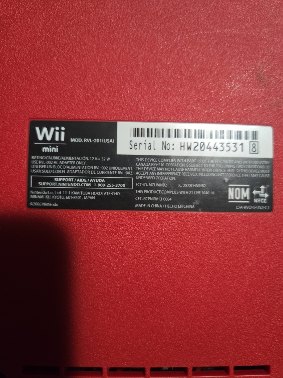 Nintendo Wii Mini Red RVL-201 Console Controller AC Adapter Cords Working