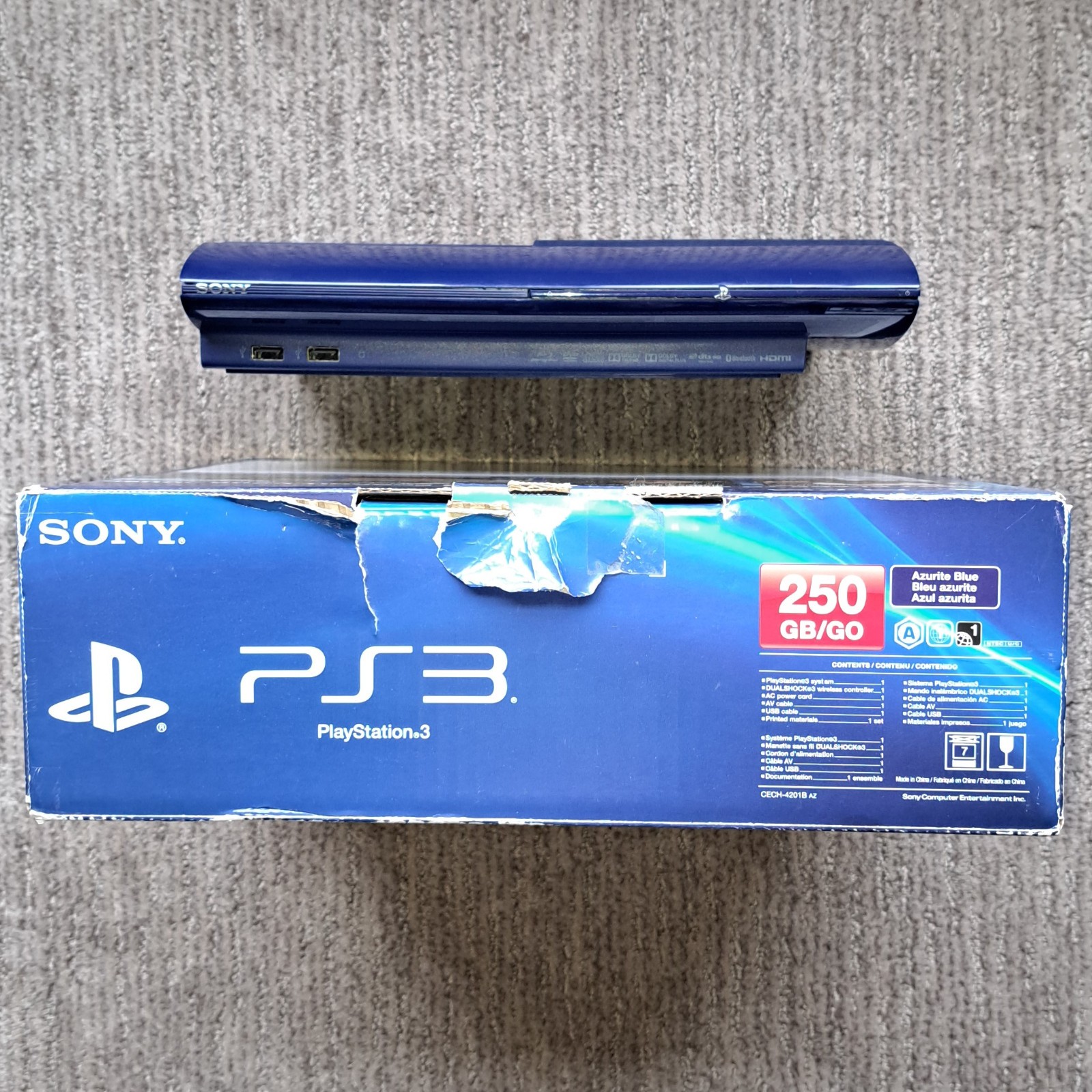 ✅Sony Playstation 3 PS3 Super Slim 250 GB Azurite Blue Console w Box *Low Hours*