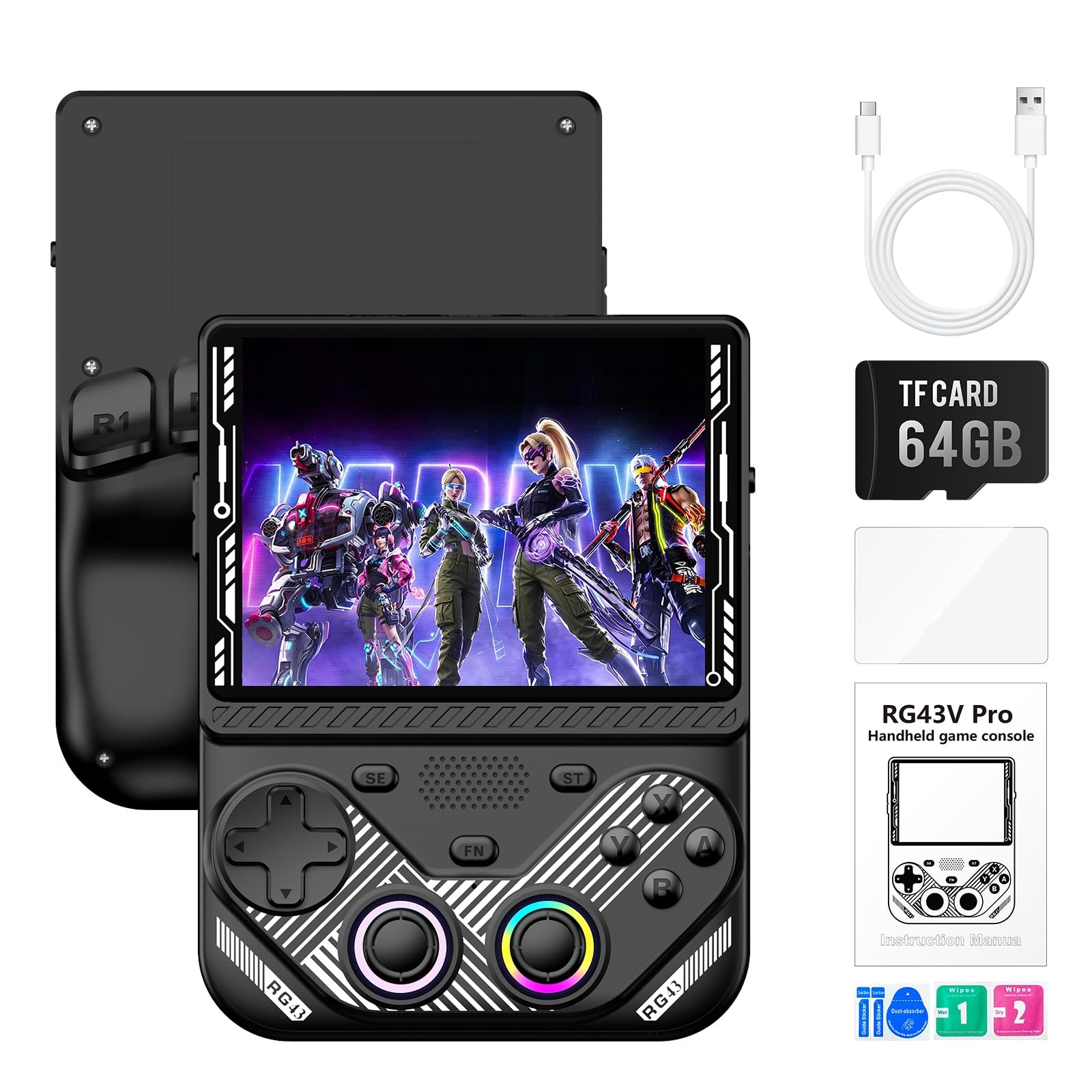 RG43V Pro Retro Handheld Game Console, 4.3 Inch IPS Screen, Portable Dual Sys…