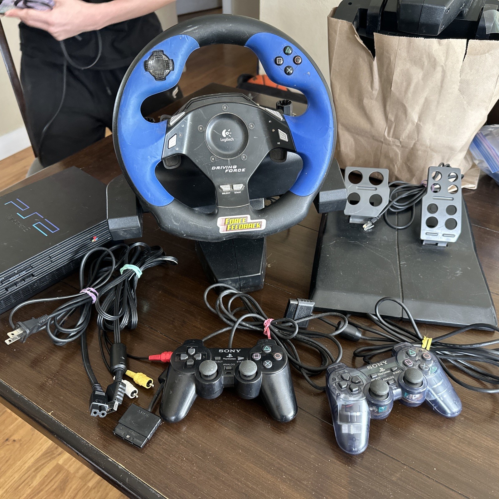 PlayStation 2 PS2 Slim w/ Logitech Driving Force GT Wheel, 2 Controllers, Pedals