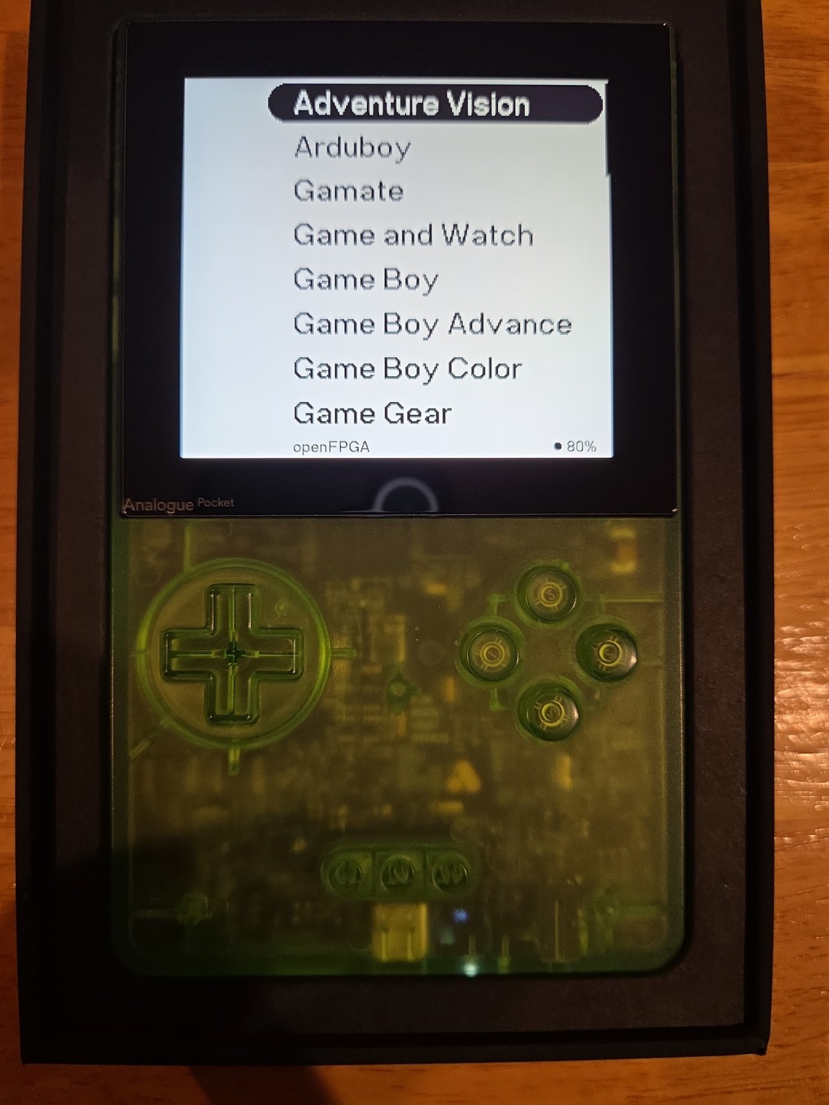 Analogue Pocket Transparent Green in Original Box – Gently Used. Hard Shell Case