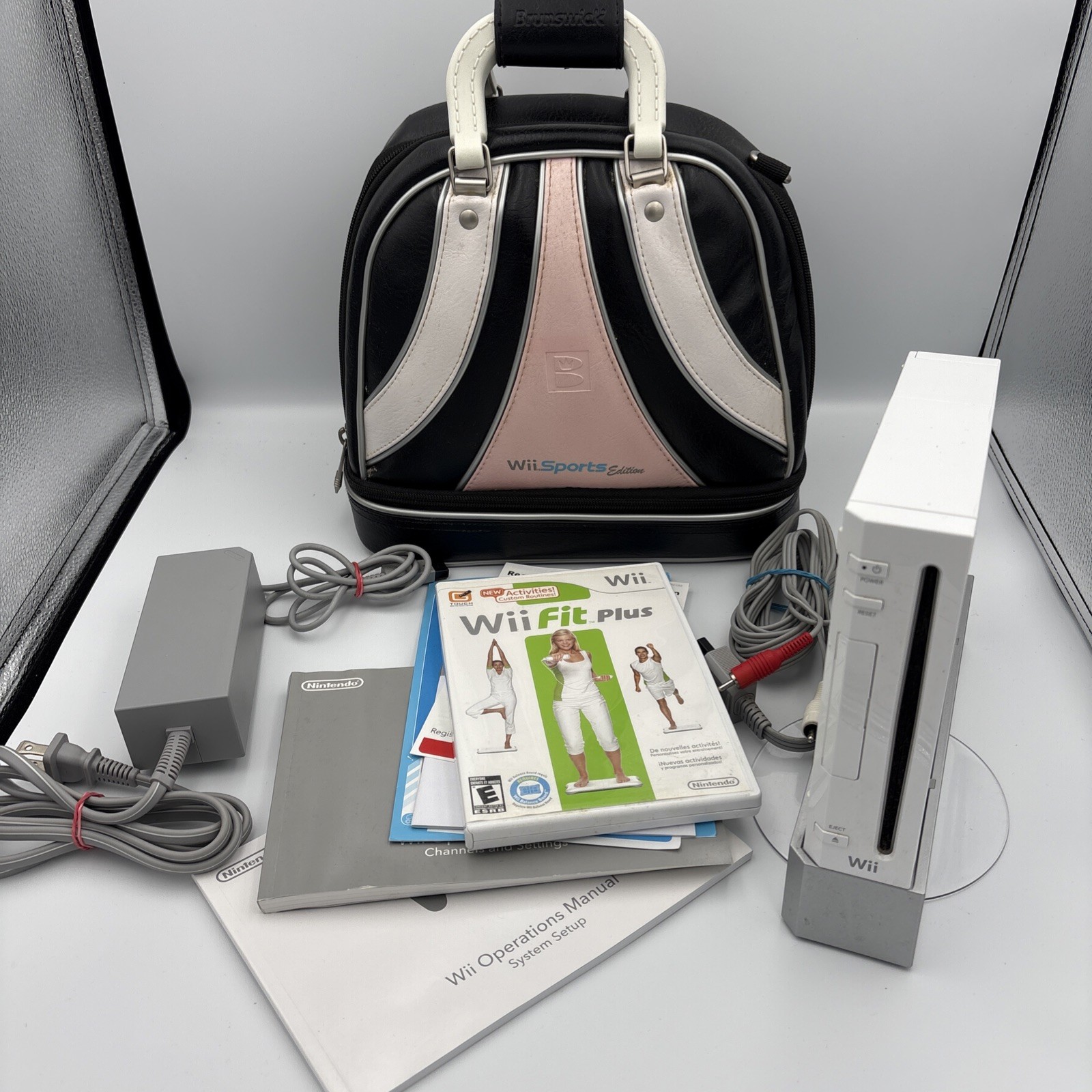 Nintendo Wii RVL-001; Power/Av Cables White; Brunswick Sports Bag Wii Fit Plus