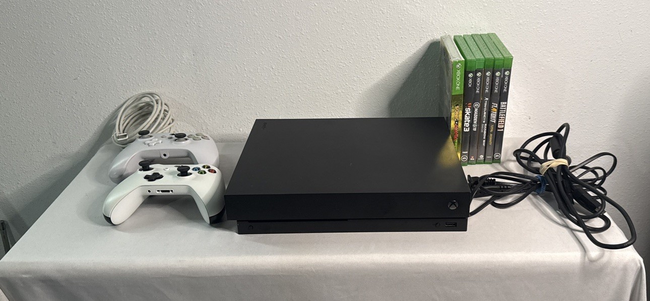 Microsoft Xbox One X 1TB Black Console 1787 w/ 2 Controllers, cords & 6 Games