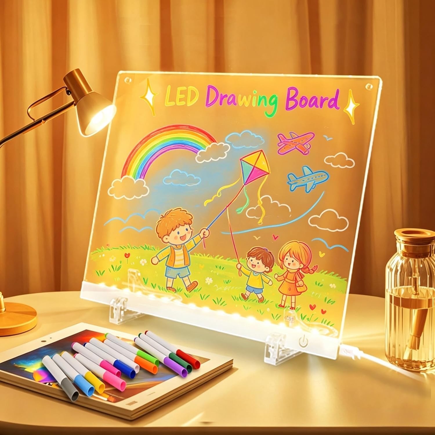 11.8″x8.5″ LED Drawing Board with 12 Markers, Brightness Adjustment Touch But…