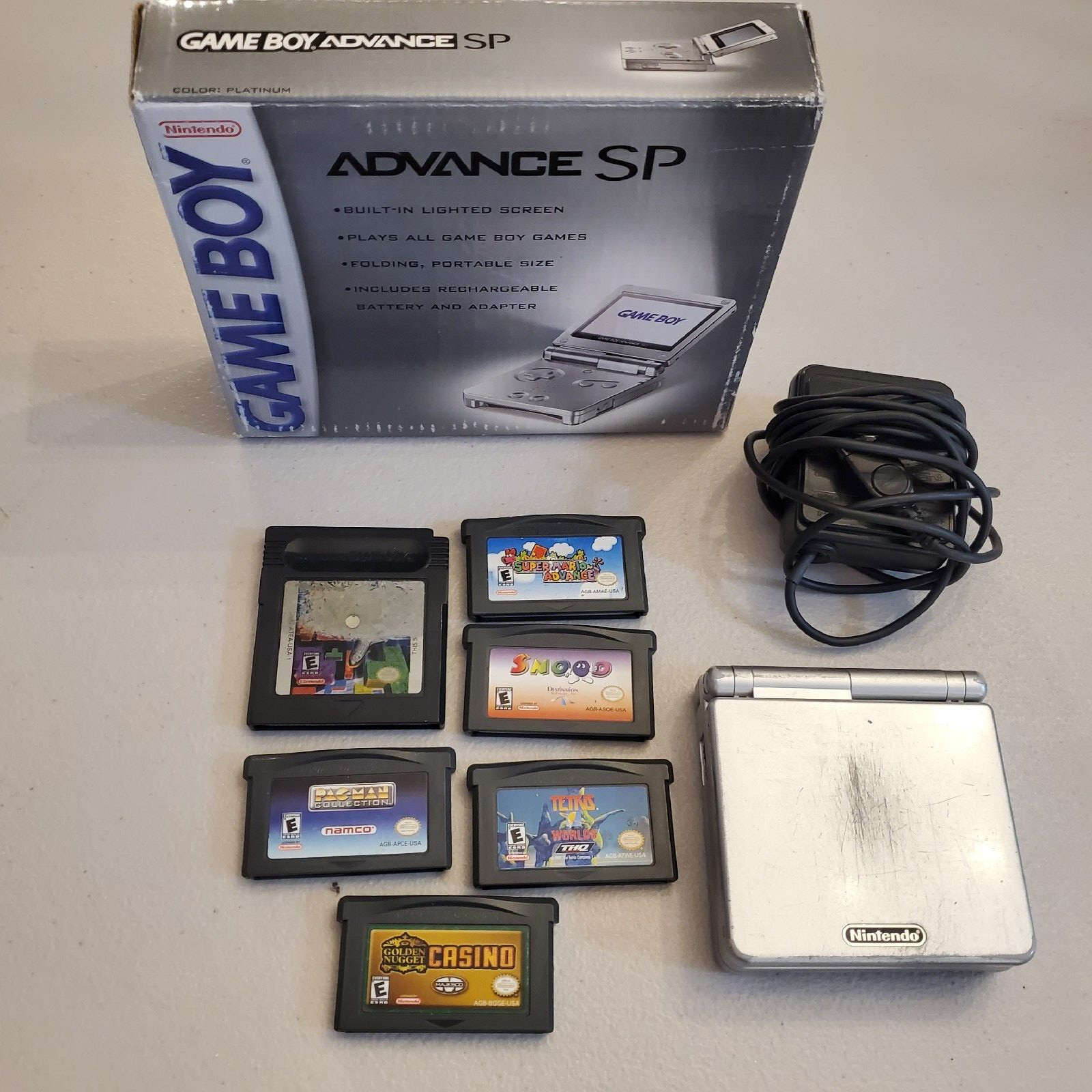 Nintendo Game Boy Advance SP Super Mario Tetris Snood Pacman ++ Silver AGS-001