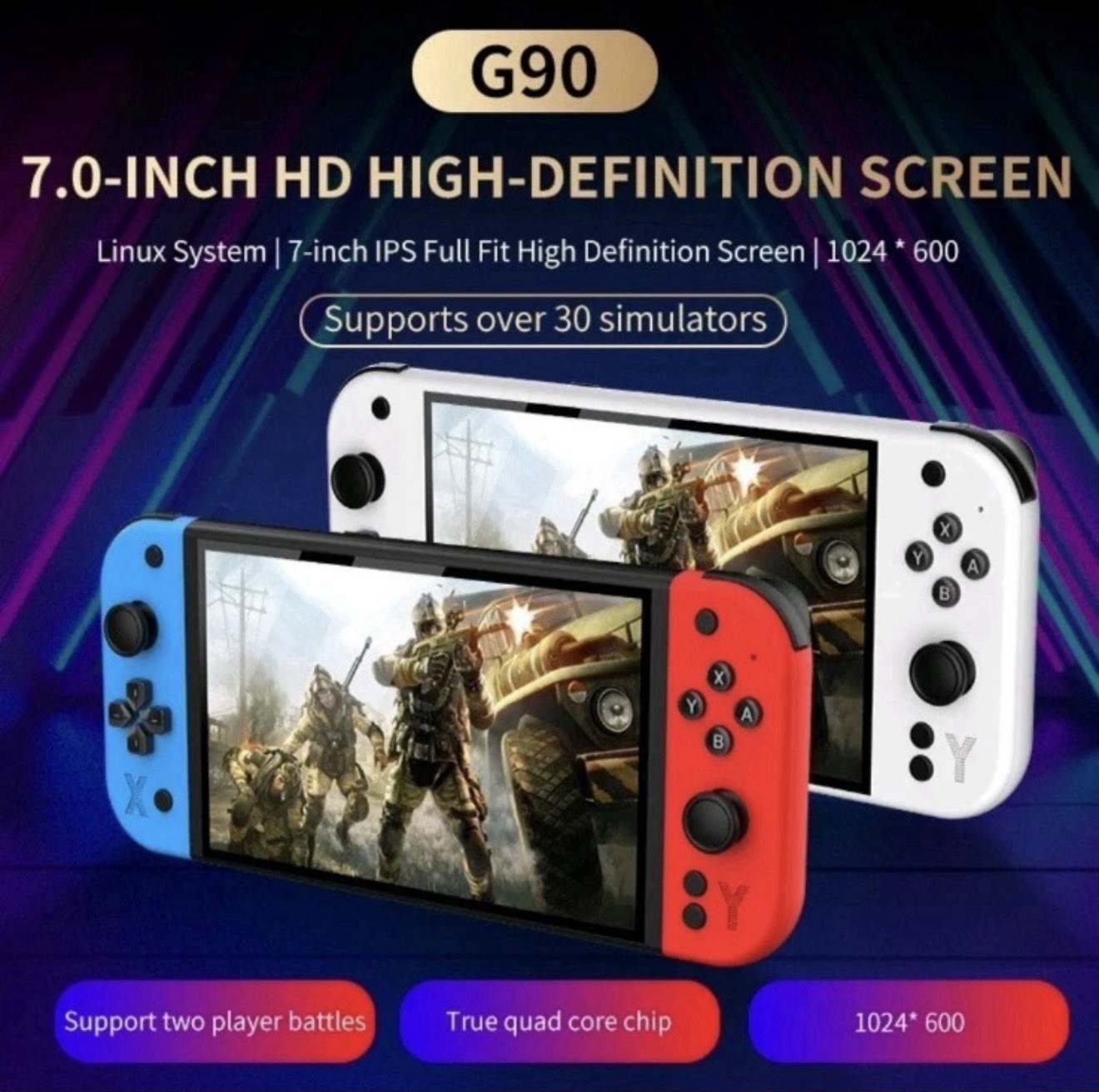 G90 7-inch HD IPS Handheld Game Console Quad Core 30 Simulators Blue Red White