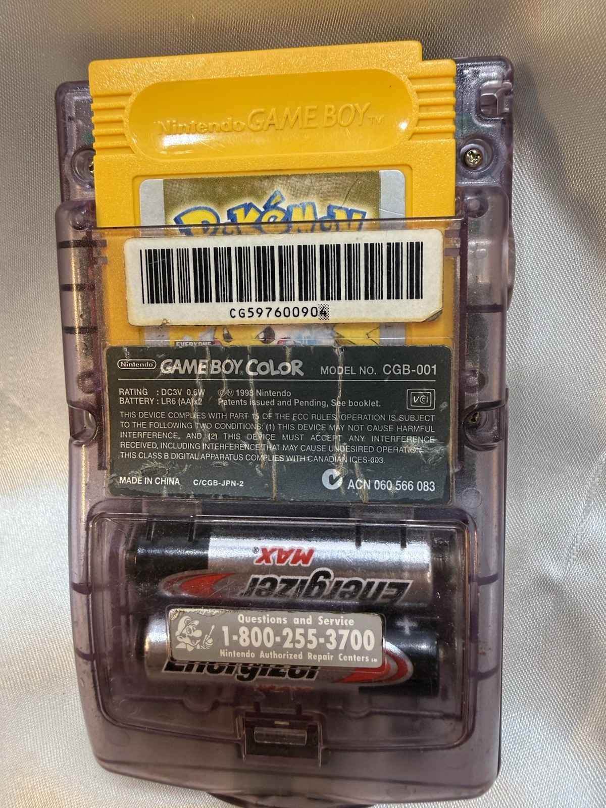 Nintendo Game Boy Color Console Atomic Purple With Yellow Pokemon Game